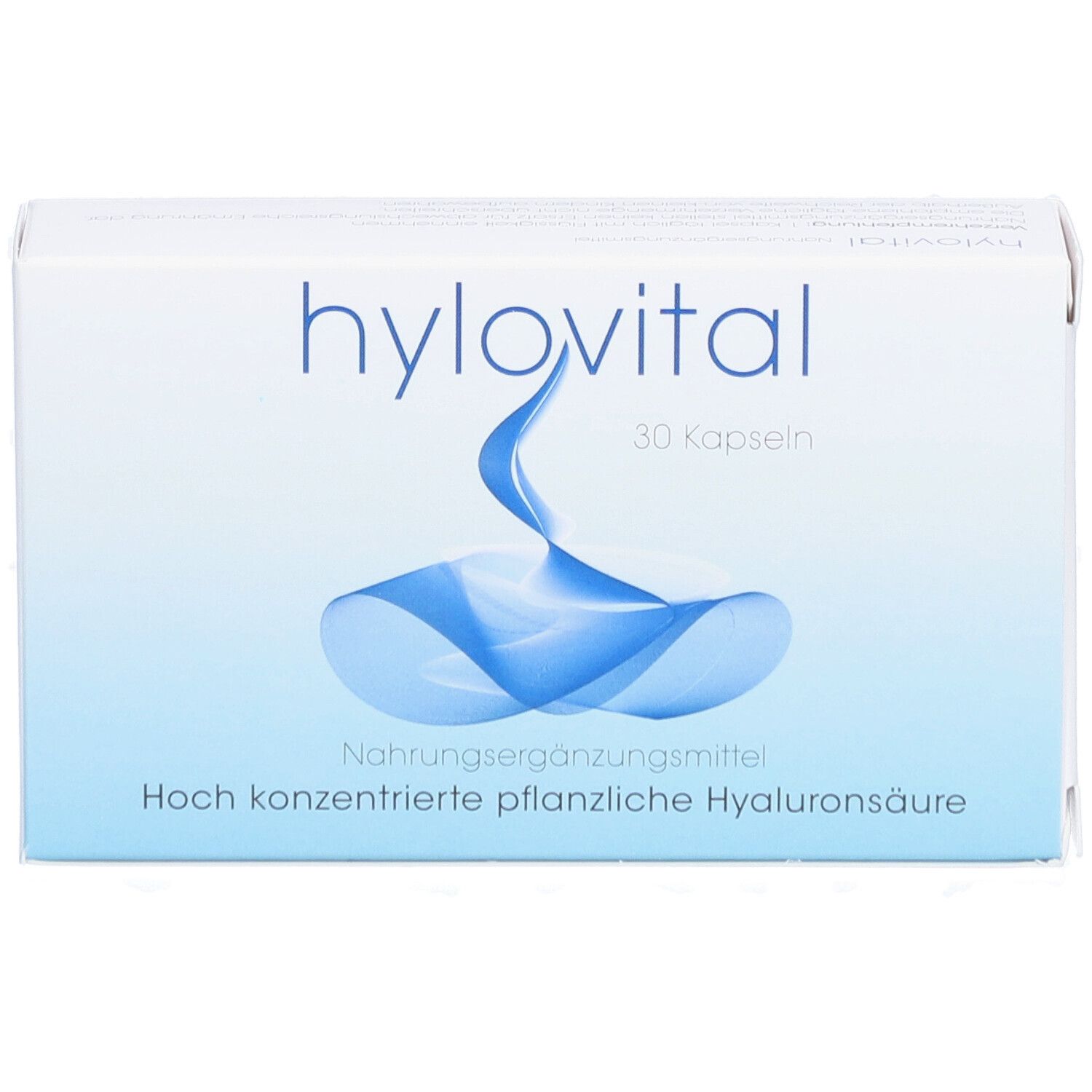 Weiße Schachtel mit "hylovital"-Logo und blauer Grafik. Text: "30 Kapseln", "Nahrungsergänzungsmittel", "Hoch konzentrierte pflanzliche Hyaluronsäure".
