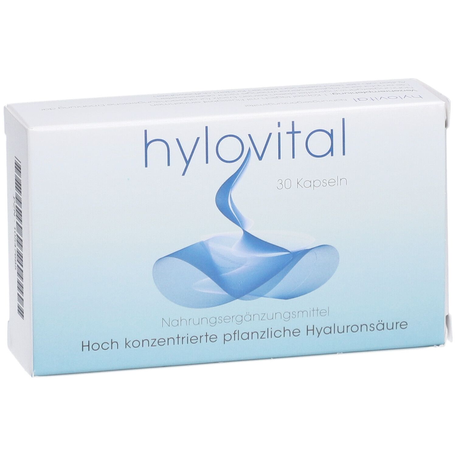 Weiße Schachtel mit "hylovital"-Logo und blauer Grafik. Text: "30 Kapseln", "Nahrungsergänzungsmittel", "Hoch konzentrierte pflanzliche Hyaluronsäure".