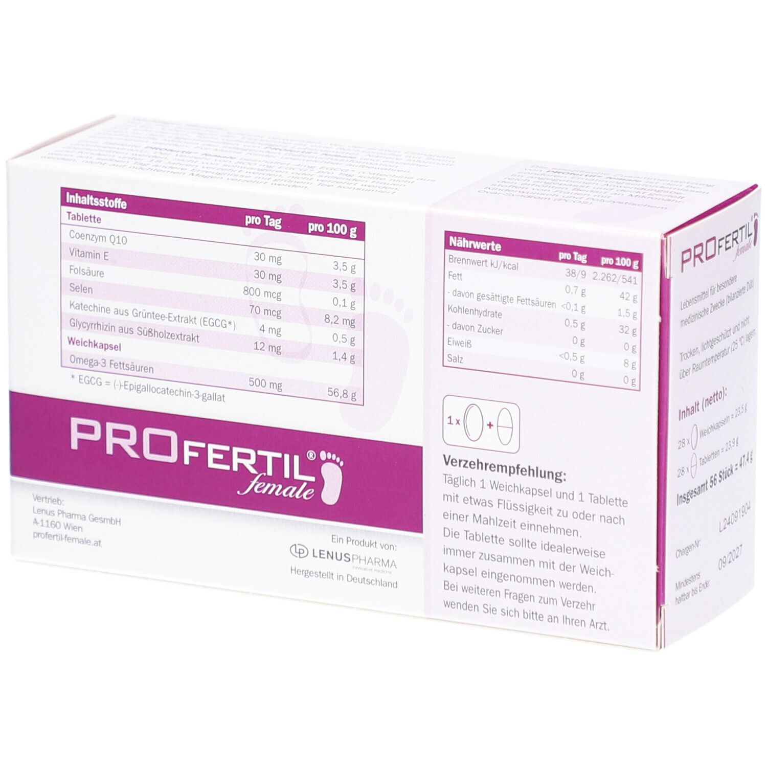 Rückseite des Kartons mit Inhaltsstoffangaben und Nährwerten. Aufdruck: PROFERTIL female. Empfehlung: 1 Weichkapsel und 1 Tablette.