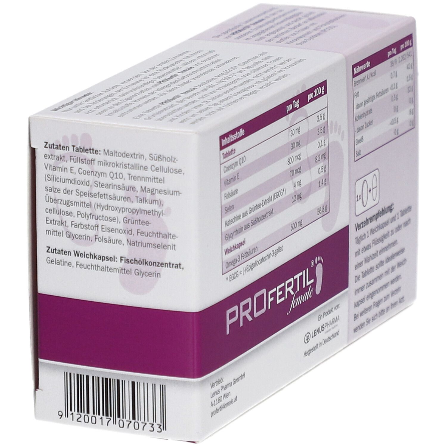 Schrägansicht des Kartons mit Inhaltsstoffangaben. Aufdruck: PROFERTIL female. Enthält Tabletten- und Weichkapsel-Zutaten.