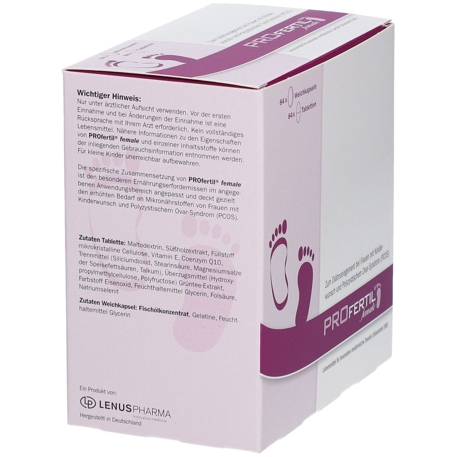 PROFERTIL® female-Verpackung, Rückseite. Weißer Karton mit lila Text und Fußabdruck-Motiv. Enthält Informationen zu Inhaltsstoffen und Anwendung.