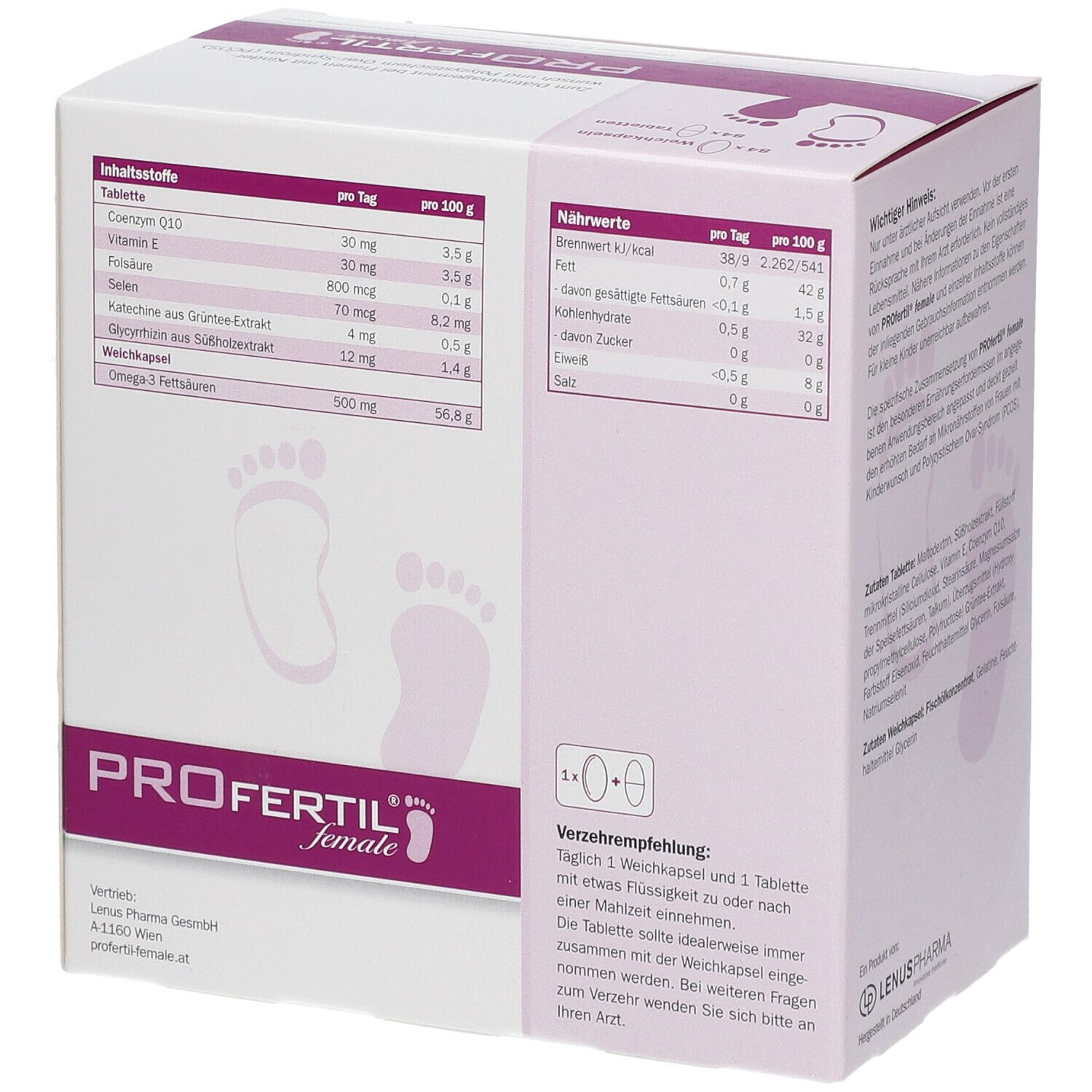 PROFERTIL® female-Verpackung, Seite. Weißer Karton mit lila Text und Fußabdruck-Motiv. Enthält Nährwert- und Inhaltsstoffangaben.