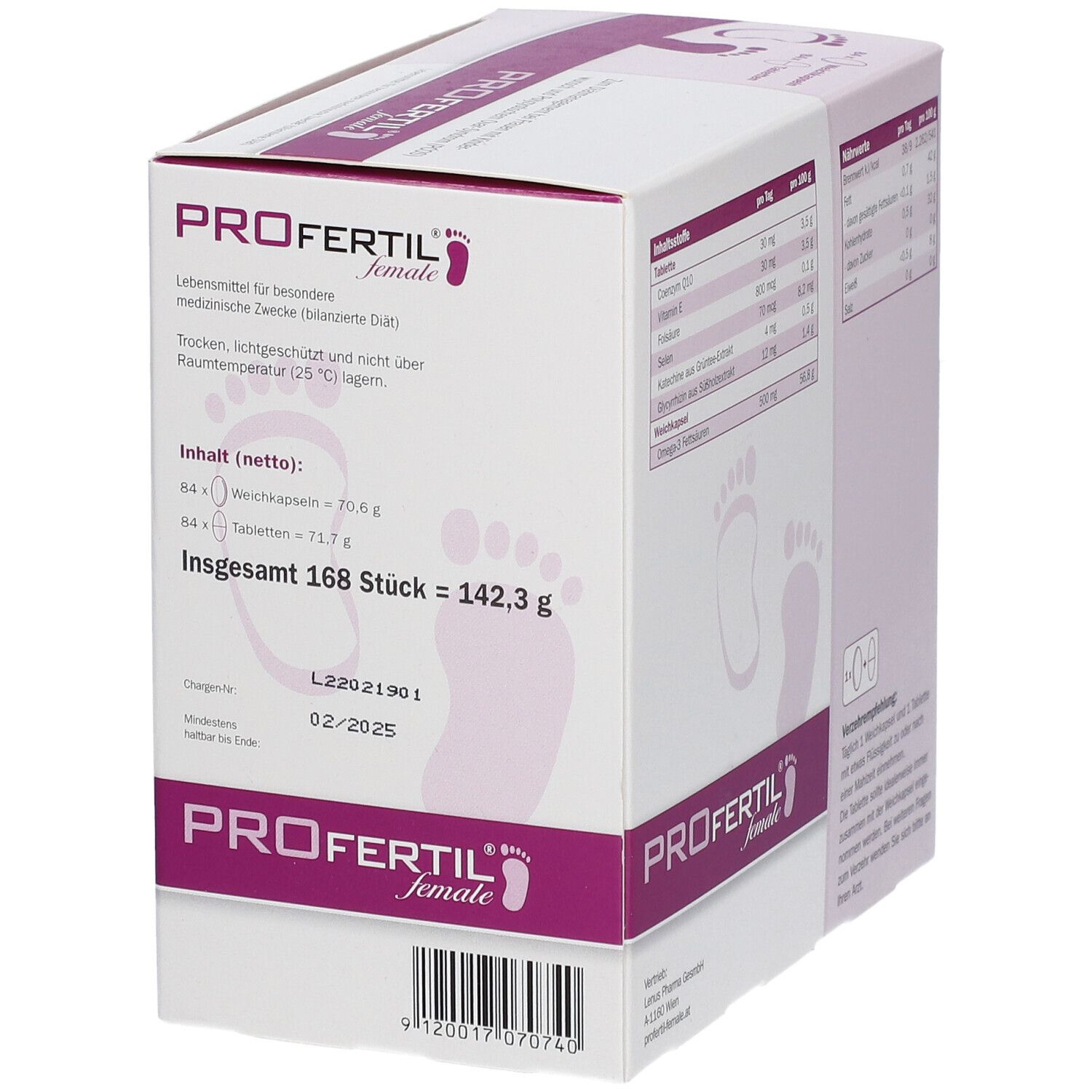 PROFERTIL® female-Verpackung, Seite. Weißer Karton mit lila Text und Fußabdruck-Motiv. Zeigt Inhaltsangaben und Chargennummer.