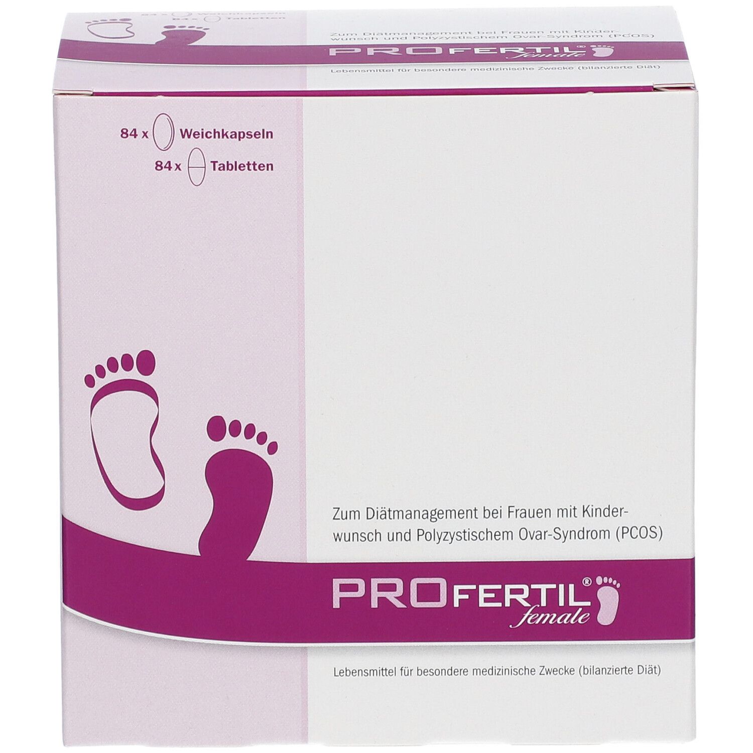 PROFERTIL® female-Verpackung. Weißer Karton mit lila Akzenten und Fußabdruck-Motiv. Enthält 84 Weichkapseln und 84 Tabletten.