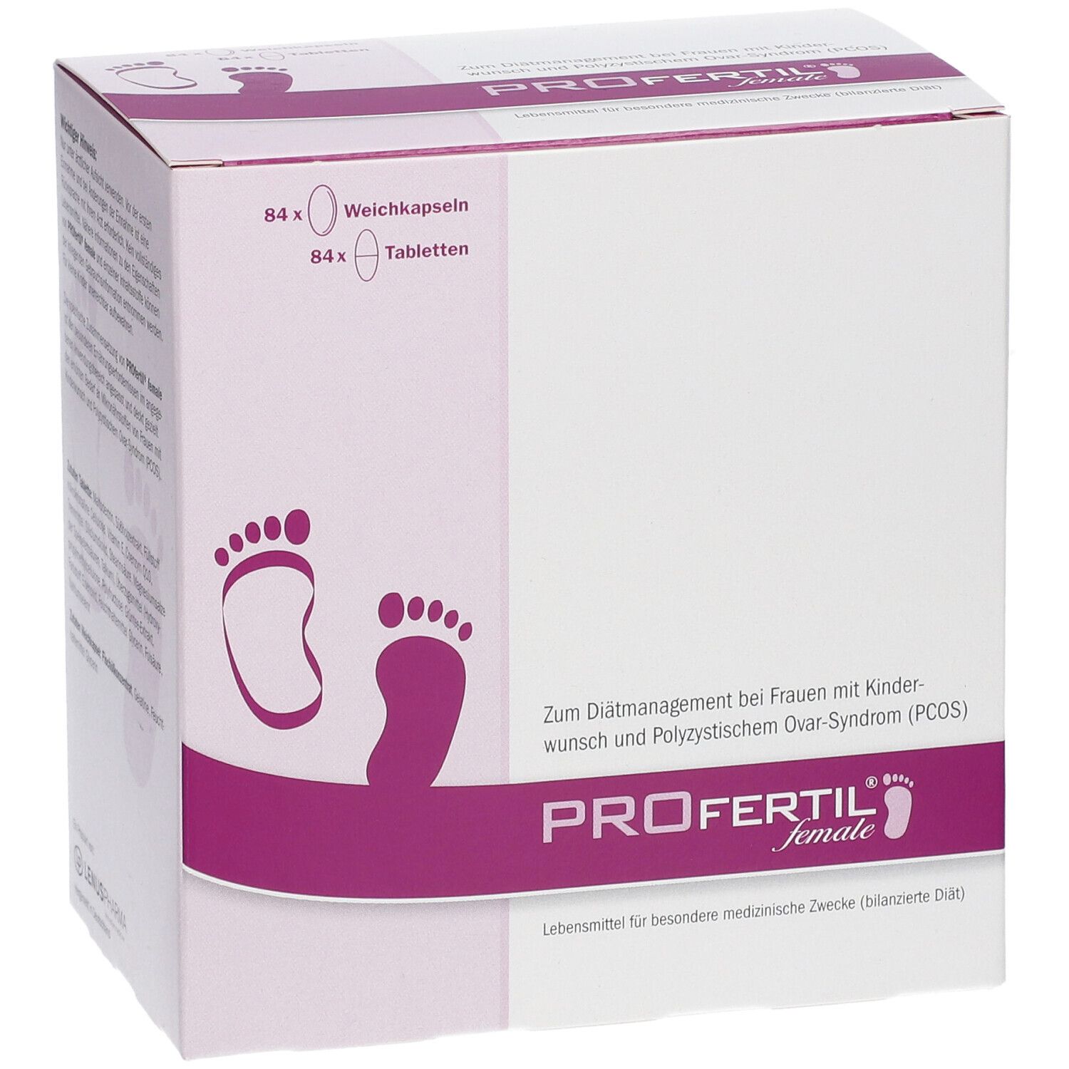 PROFERTIL® female-Verpackung. Weißer Karton mit lila Akzenten und Fußabdruck-Motiv. Enthält 84 Weichkapseln und 84 Tabletten.