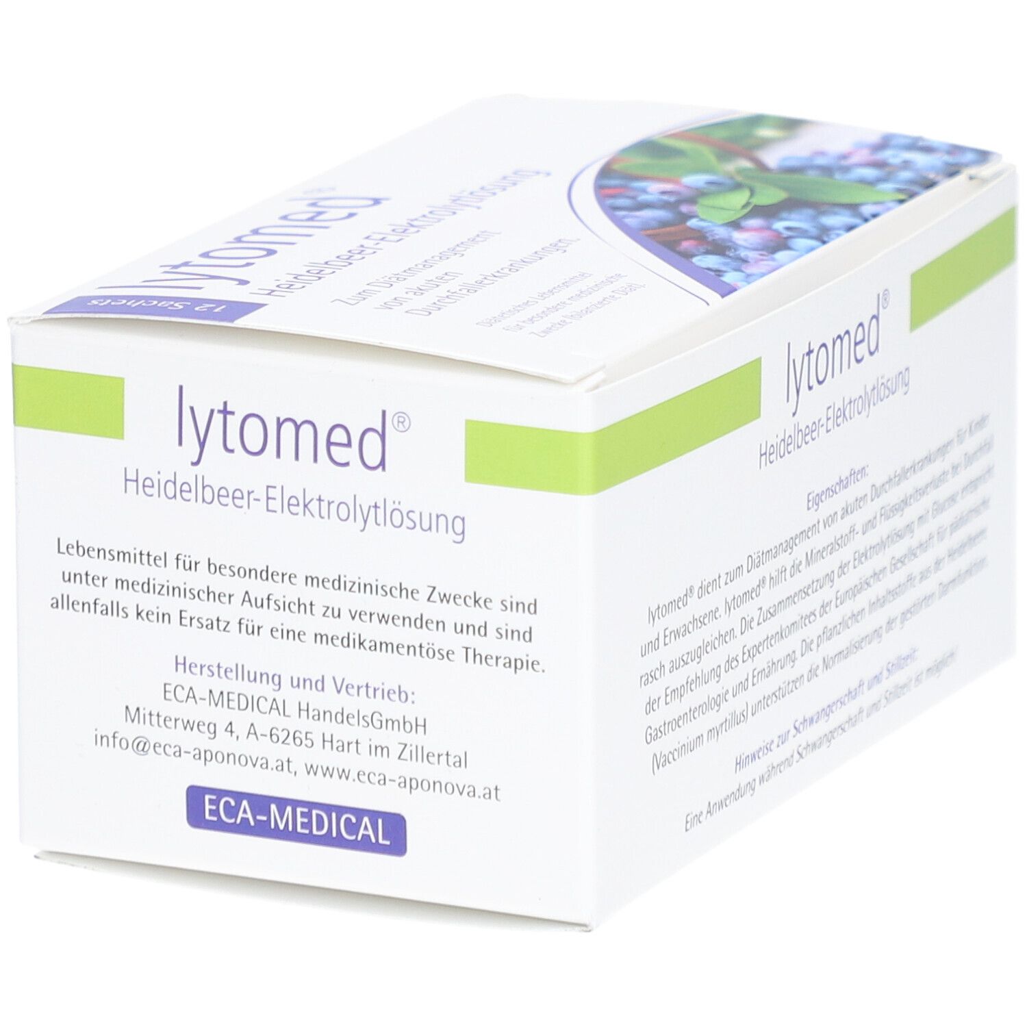 Weißer Karton mit "lytomed® Heidelbeer-Elektrolyt-Lösung"-Aufdruck. Blaubeer-Abbildung. Text in Deutsch.