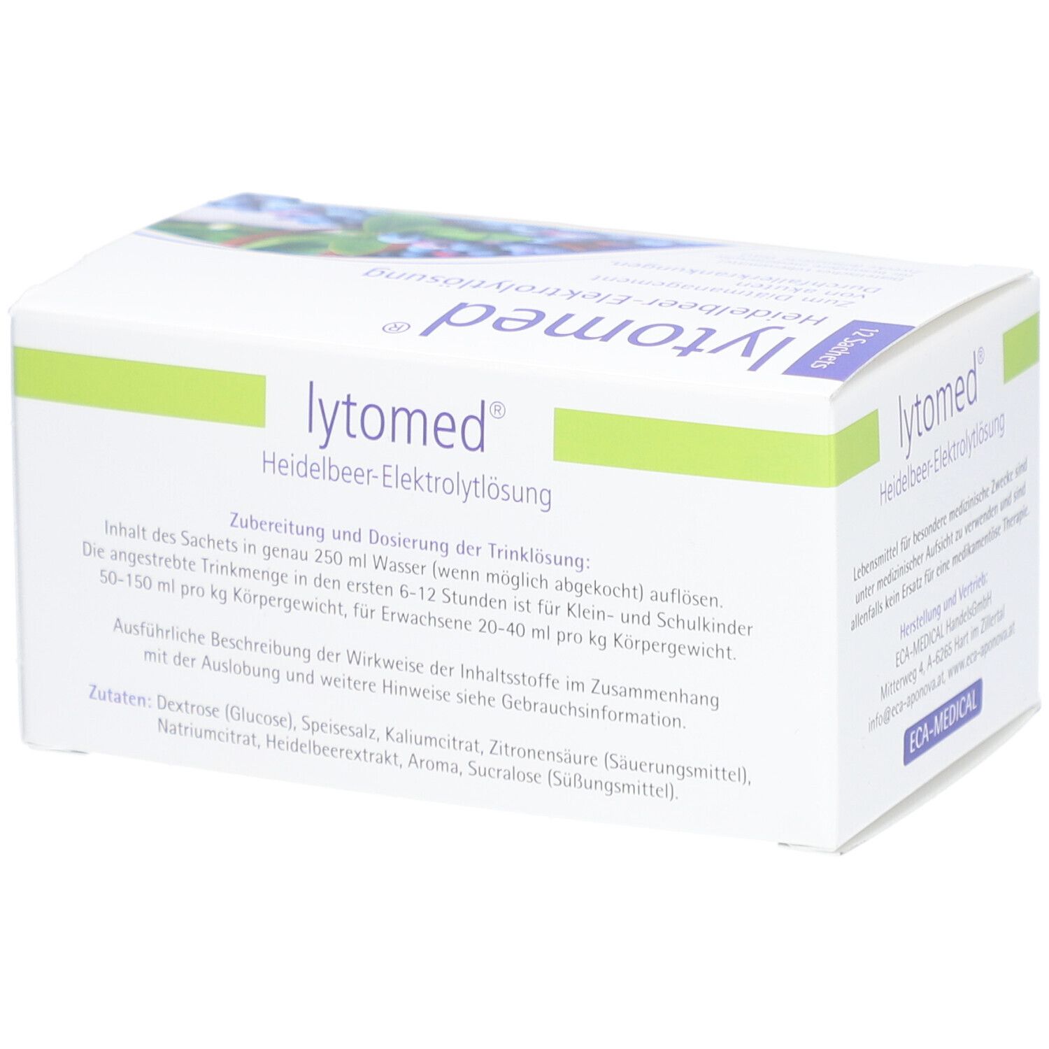 Weißer Karton mit "lytomed® Heidelbeer-Elektrolyt-Lösung"-Aufdruck. Blaubeer-Abbildung. Text in Deutsch.