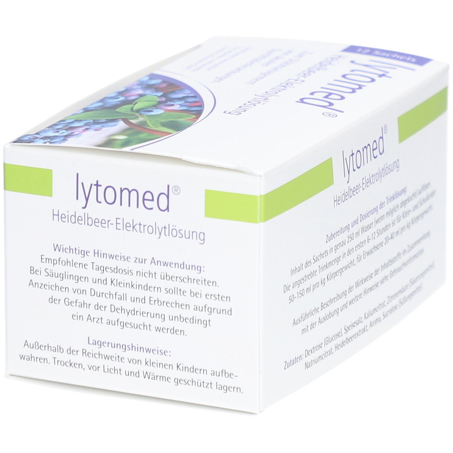 Weißer Karton mit "lytomed® Heidelbeer-Elektrolyt-Lösung"-Aufdruck. Blaubeer-Abbildung. Text in Deutsch.