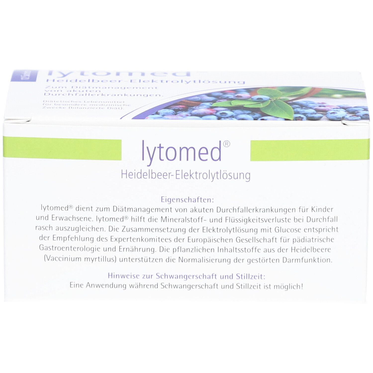 Weißer Karton mit "lytomed® Heidelbeer-Elektrolyt-Lösung"-Aufdruck. Blaubeer-Abbildung. Text in Deutsch.