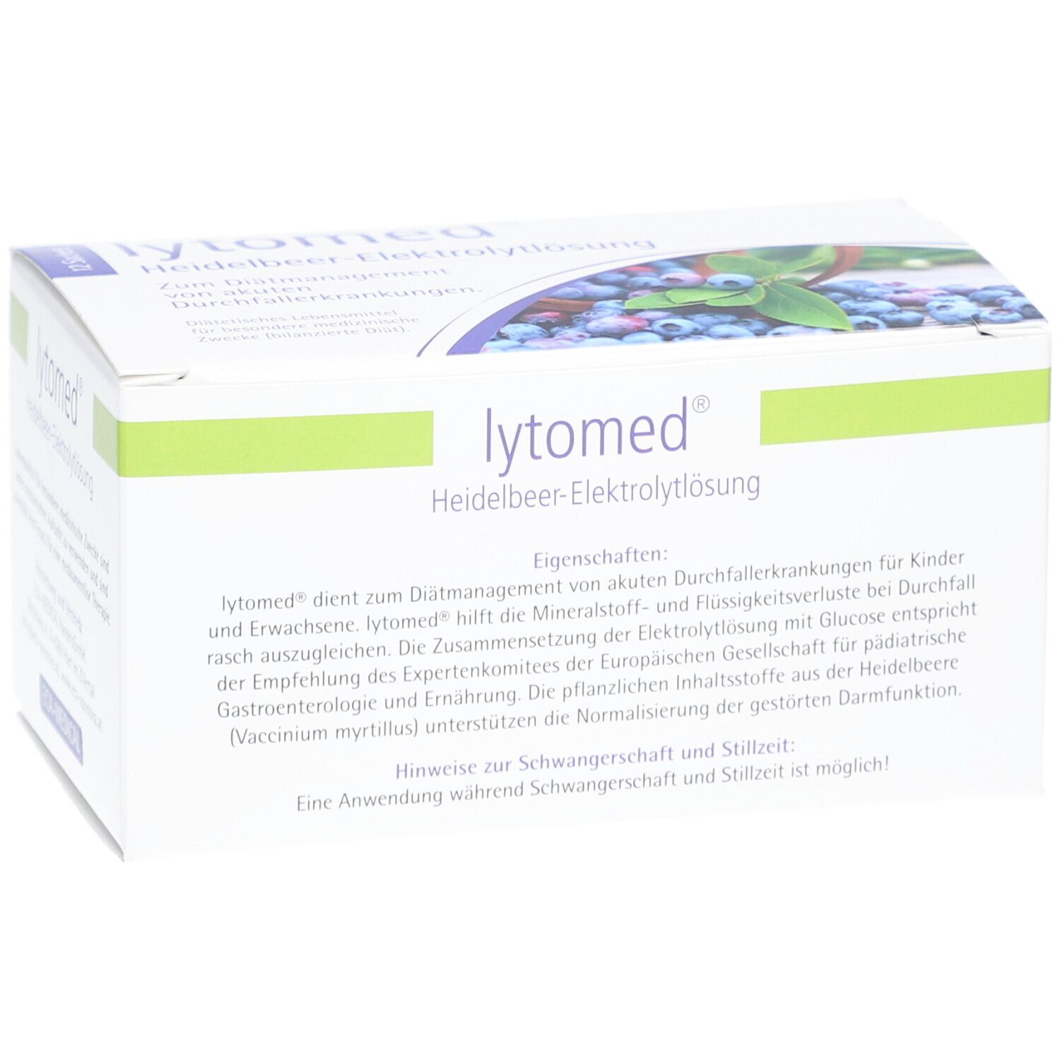 Weißer Karton mit "lytomed® Heidelbeer-Elektrolyt-Lösung"-Aufdruck. Blaubeer-Abbildung. Text in Deutsch.