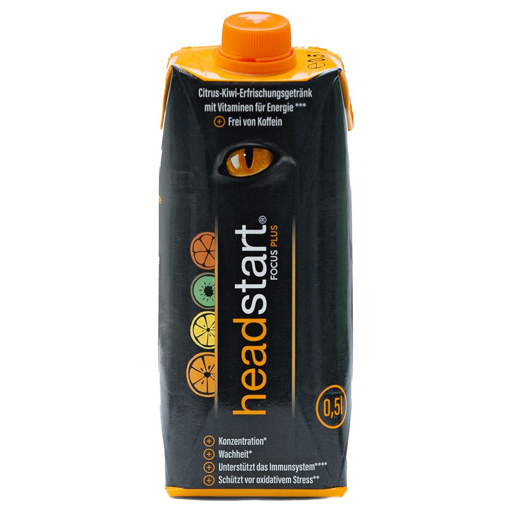 Schwarze Getränkepackung mit orangefarbenem Deckel. Aufschrift: headstart® FOCUS PLUS. 0,5l. Citrus-Kiwi-Erfrischungsgetränk.