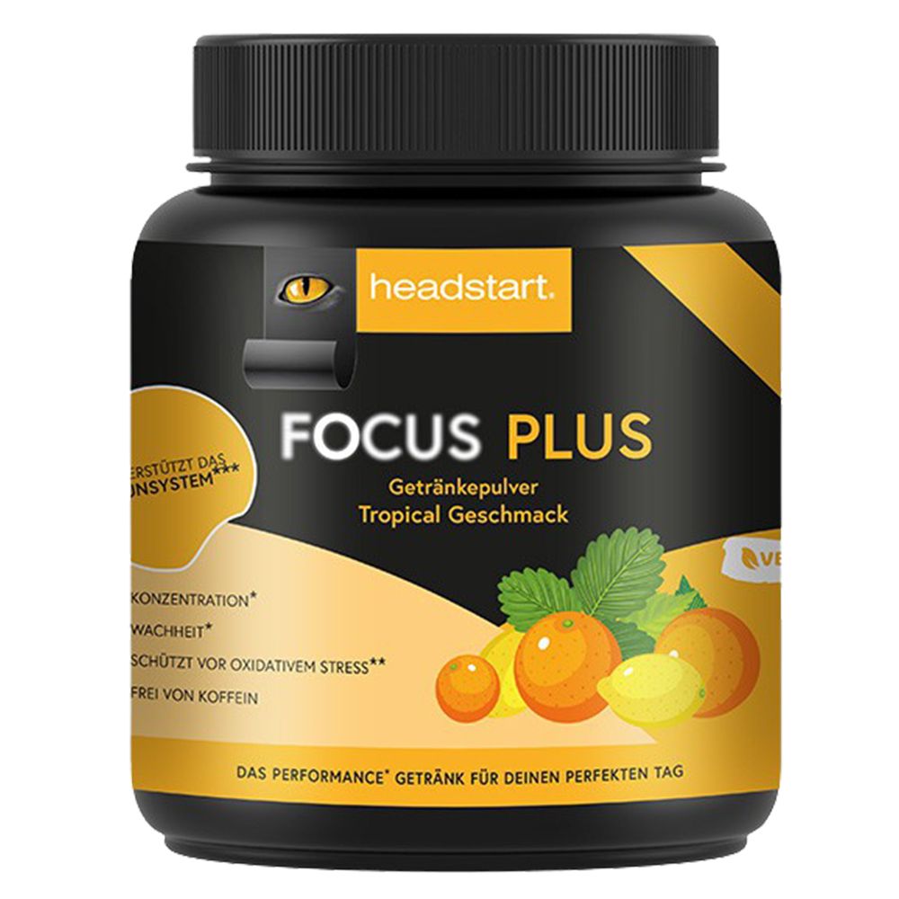 Schwarze Dose mit headstart® Focus Plus Getränkepulver. Aufschrift: Tropical Geschmack, frei von Koffein. Abbildung von Früchten.