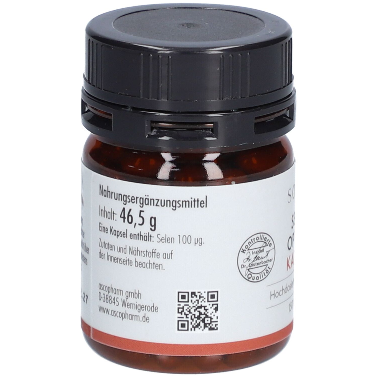 Braune Glasflasche mit schwarzem Deckel. Rückseite mit Informationen. Inhalt: 46,5 g. Eine Kapsel enthält: Selen 100 µg. QR-Code.