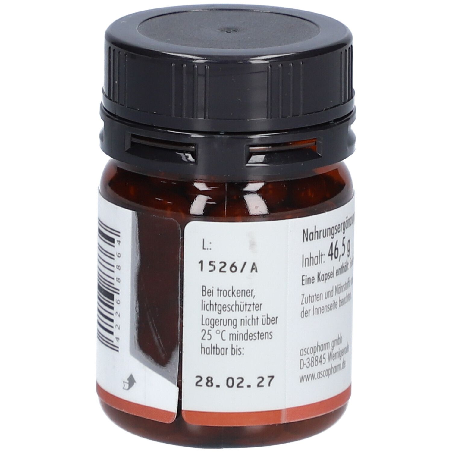 Braune Glasflasche mit schwarzem Deckel. Rückseite mit Informationen. Mindestens haltbar bis: 28.02.27. Barcode.