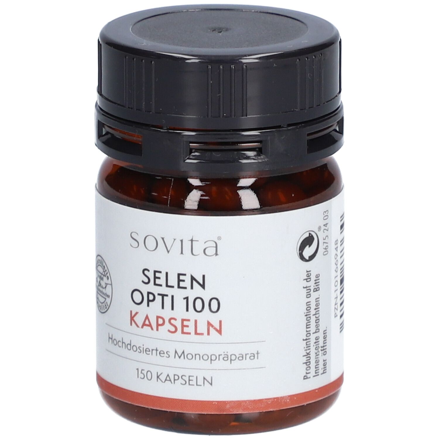 Braune Glasflasche mit schwarzem Deckel. Aufschrift: Sovita Selen Opti 100 Kapseln. 150 Kapseln. Siegel.