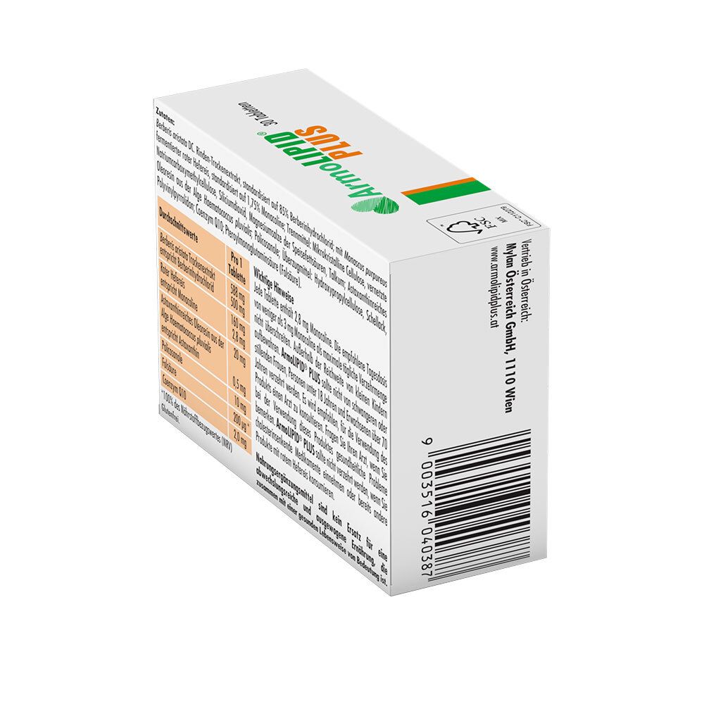 ArmoLIPID PLUS-Packung, Seitenansicht. Barcode und Inhaltsangaben. Logo Mylan.