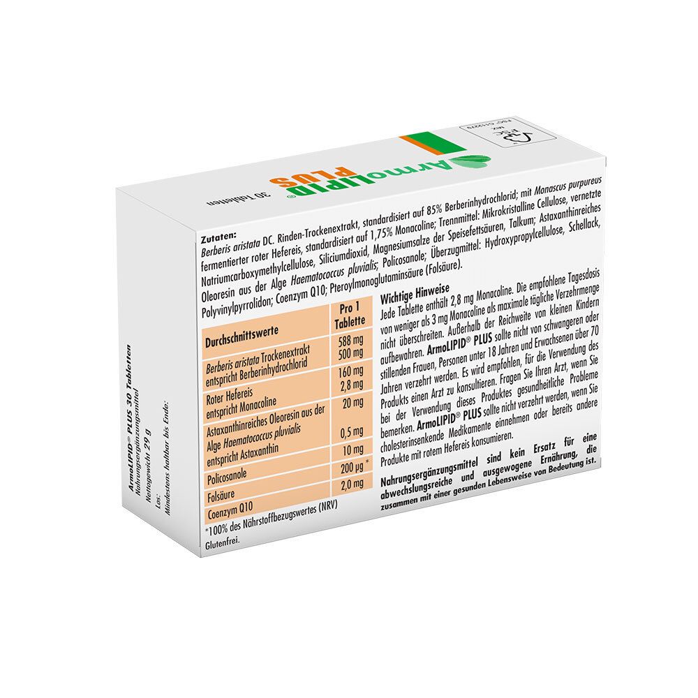 Rückseite der ArmoLIPID PLUS-Packung. Inhaltsstoffe und wichtige Hinweise. Logo Mylan.
