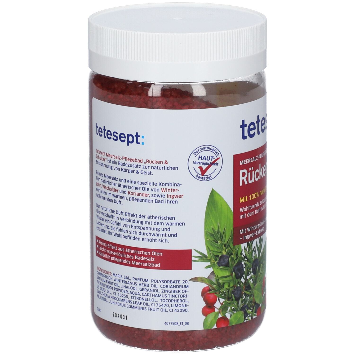 tetesept® Rücken & Schulter Badesalz. Transparenter Behälter mit rotem Salz. Weißer Deckel. Etikett mit Produktinformationen und Hautverträglichkeitssiegel.