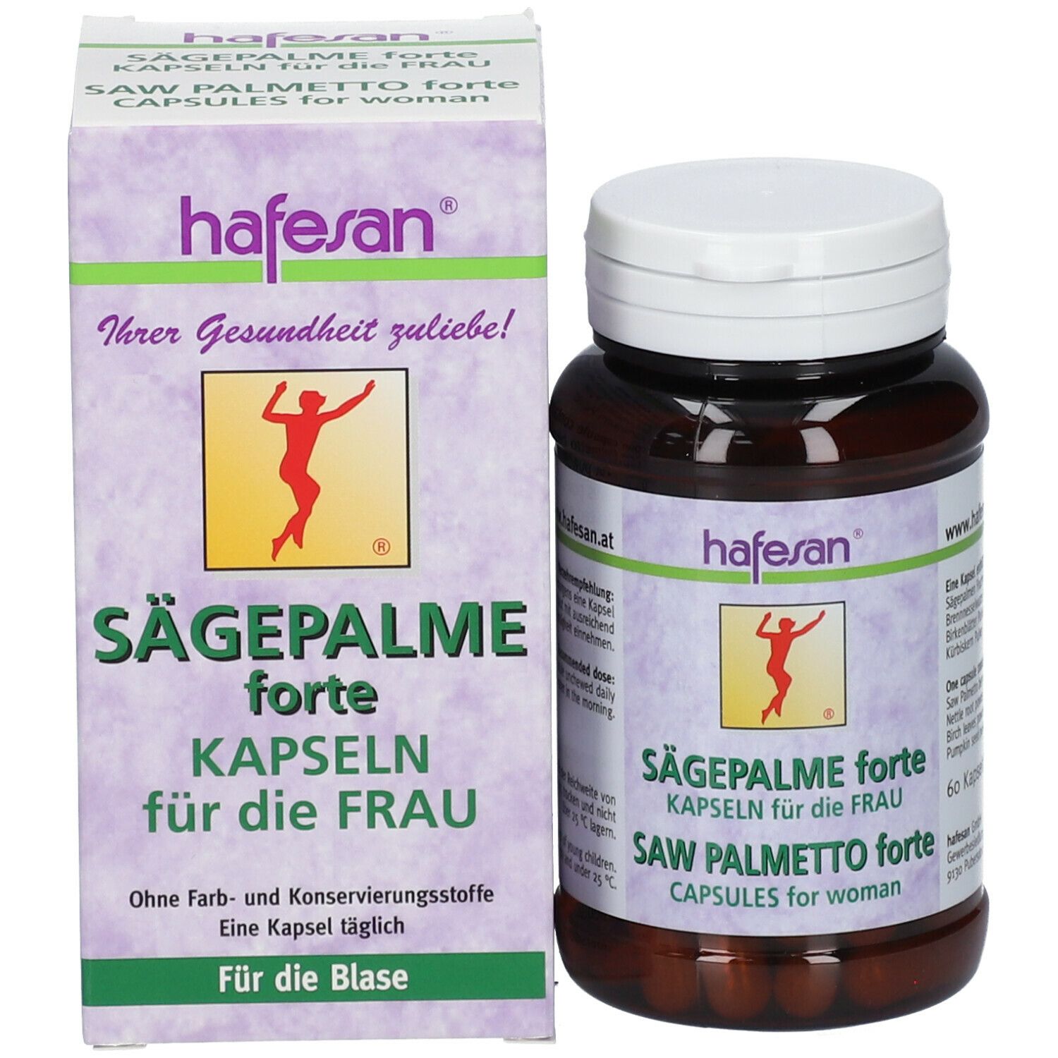 Produktverpackung und Dose. Aufschrift: hafesan, Sägepalme forte, Kapseln für die Frau. Enthält 60 Kapseln. Ohne Farb- und Konservierungsstoffe.