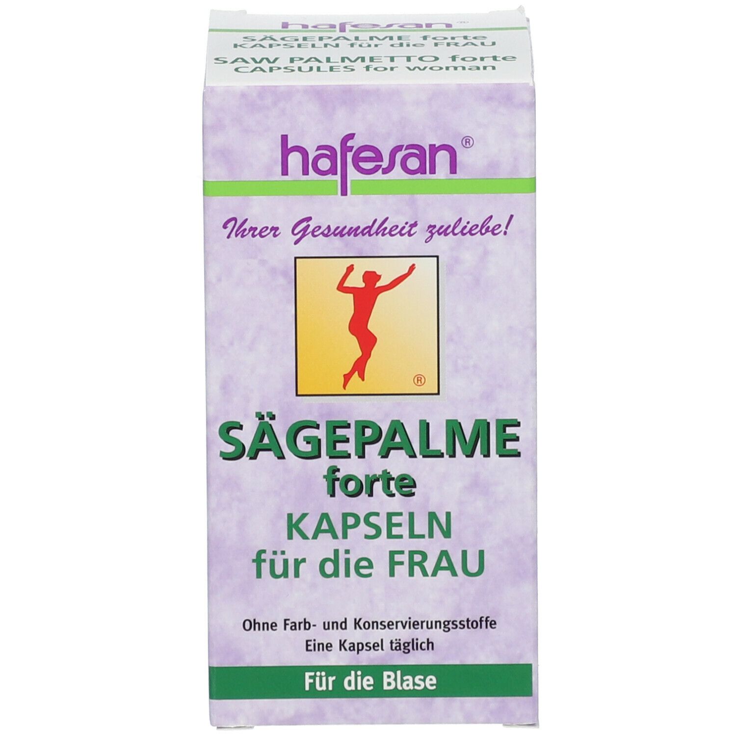 Produktverpackung. Aufschrift: hafesan, Sägepalme forte, Kapseln für die Frau. Ohne Farb- und Konservierungsstoffe. Für die Blase.