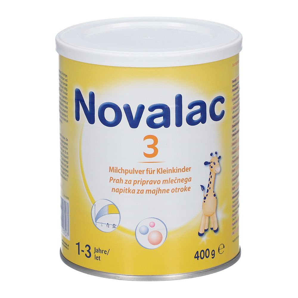 Novalac 3 Folgemilch-Dose. Gelb, mit blauem Schriftzug und Giraffen-Illustration. 400g. Für Kinder ab 12 Monaten.