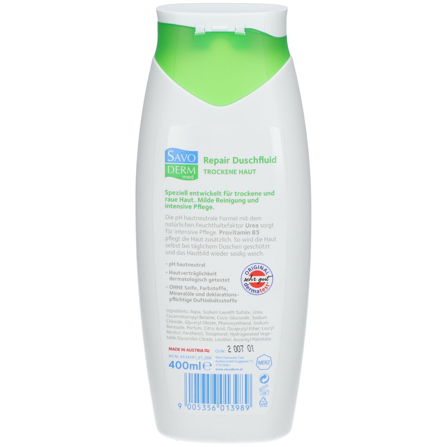 Rückseite der weißen Flasche. SAVODERM med Repair Duschfluid. Text mit Inhaltsstoffen und Zertifizierungen.