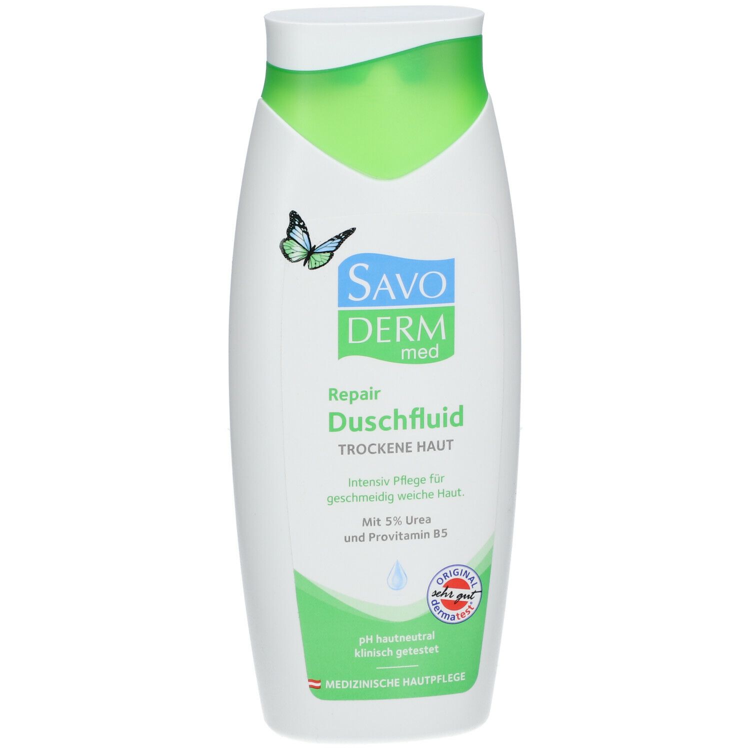 Weiß-grüne Flasche. SAVODERM med Repair Duschfluid. Schmetterling-Logo. pH-neutral, klinisch getest.