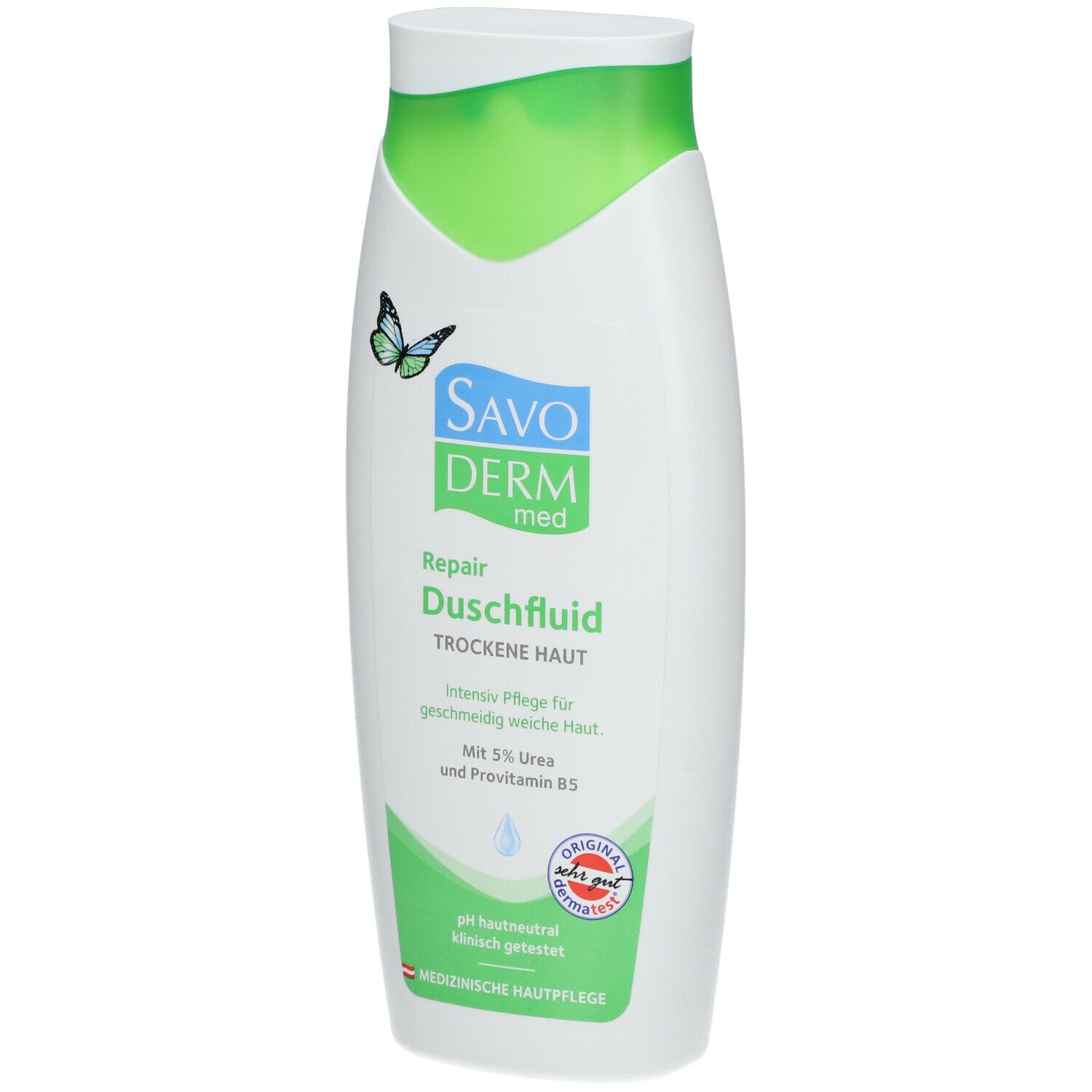 Weiß-grüne Flasche. SAVODERM med Repair Duschfluid. Schmetterling-Logo. pH-neutral, klinisch getest.