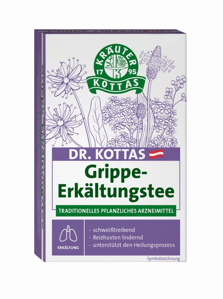 Dr. Kottas Grippe-Erkältungstee. Weiße Schachtel mit lila Akzenten. Logo mit Pflanzenmotiv. Text: Grippe-Erkältungstee, traditionelles pflanzliches Arzneimittel.