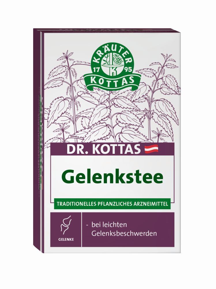 Karton DR. KOTTAS Gelenkstee. Weiß, lila und grün. Kräuter-Logo. Text: Traditionelles pflanzliches Arzneimittel.