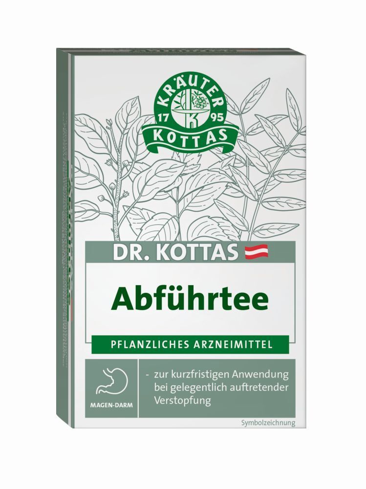 Karton mit Aufschrift 'DR. KOTTAS Abführtee'. Grün-weiße Verpackung mit Logo und Produktbezeichnung.