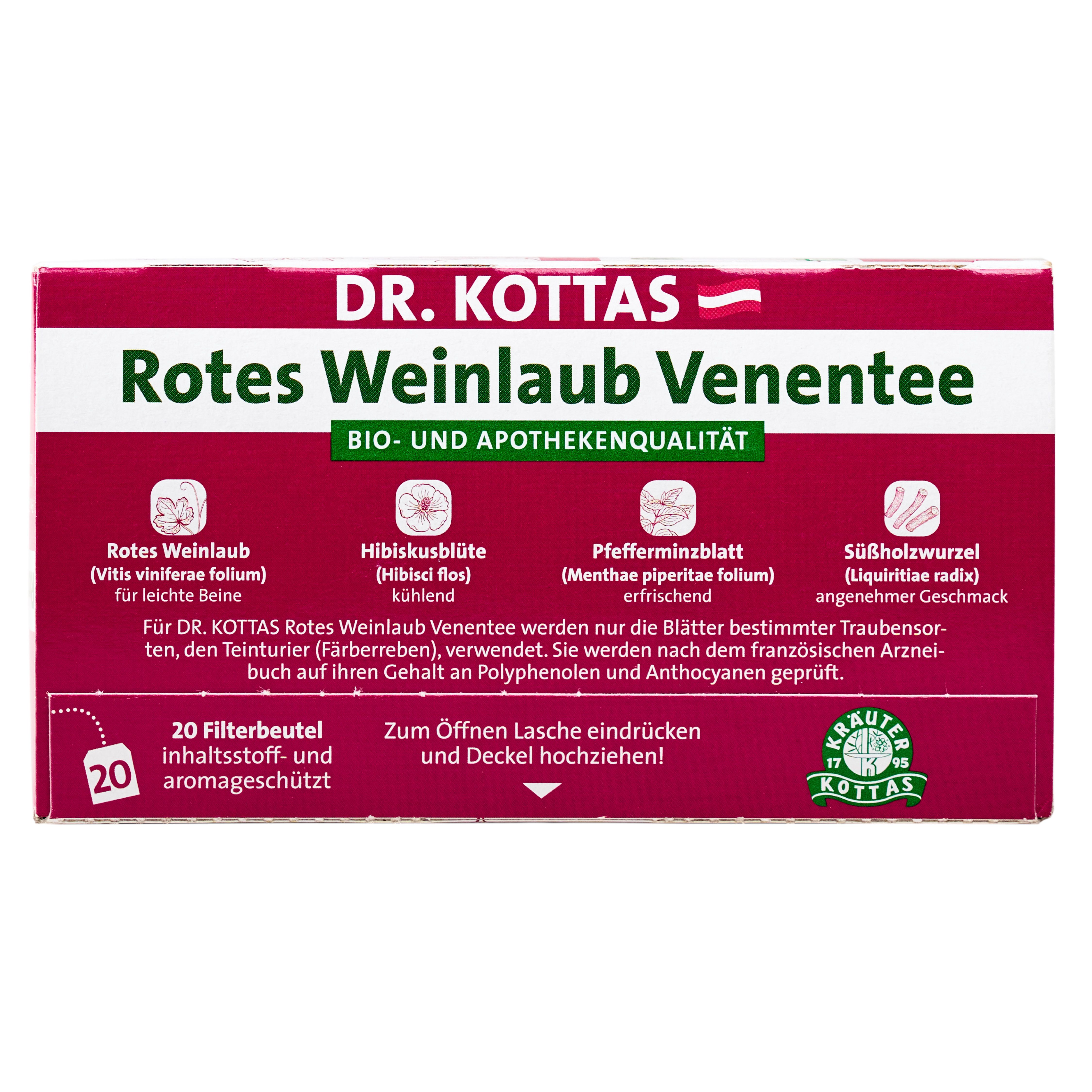 Rückseite der DR. KOTTAS Rotes Weinlaub Venentee Verpackung mit Zutatenliste und 20 Filterbeuteln.