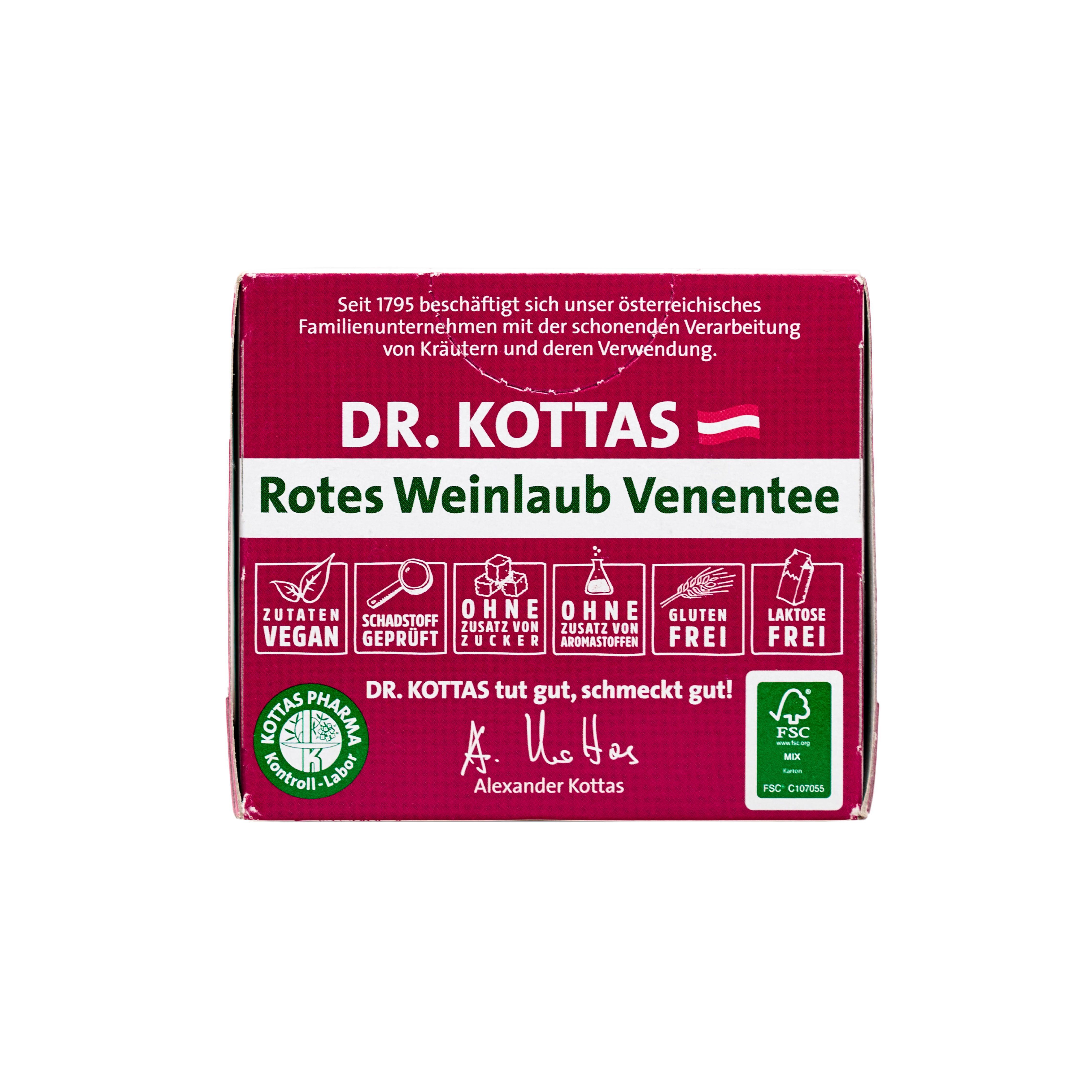 Seite der DR. KOTTAS Rotes Weinlaub Venentee Verpackung mit Siegeln für Vegan, Schärfestofffrei, Zuckerfrei.