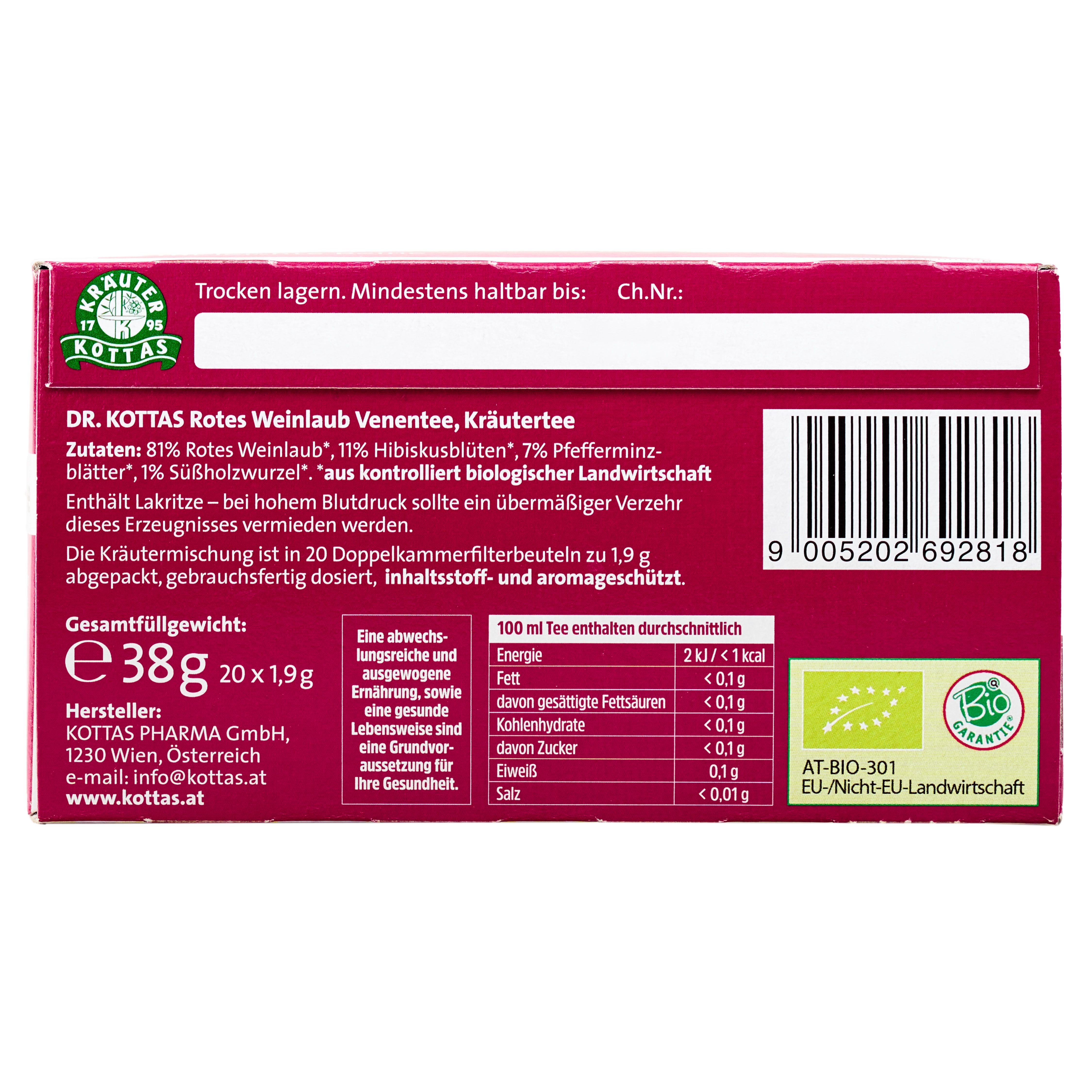 Rückseite der DR. KOTTAS Rotes Weinlaub Venentee Verpackung mit Nährwertangaben und Bio-Siegel.