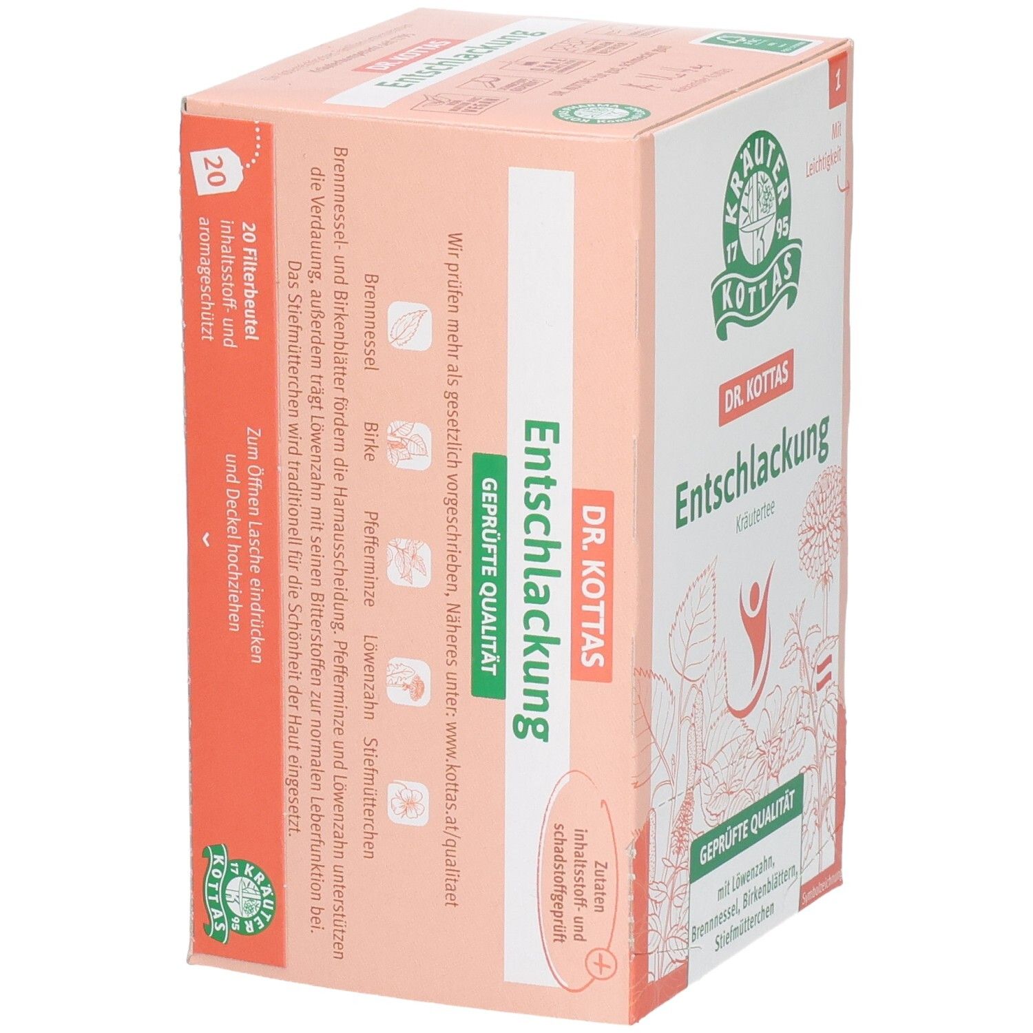 DR. KOTTAS Entschlackung Kräutertee Packung, Seite mit Zutatenliste und Siegel.