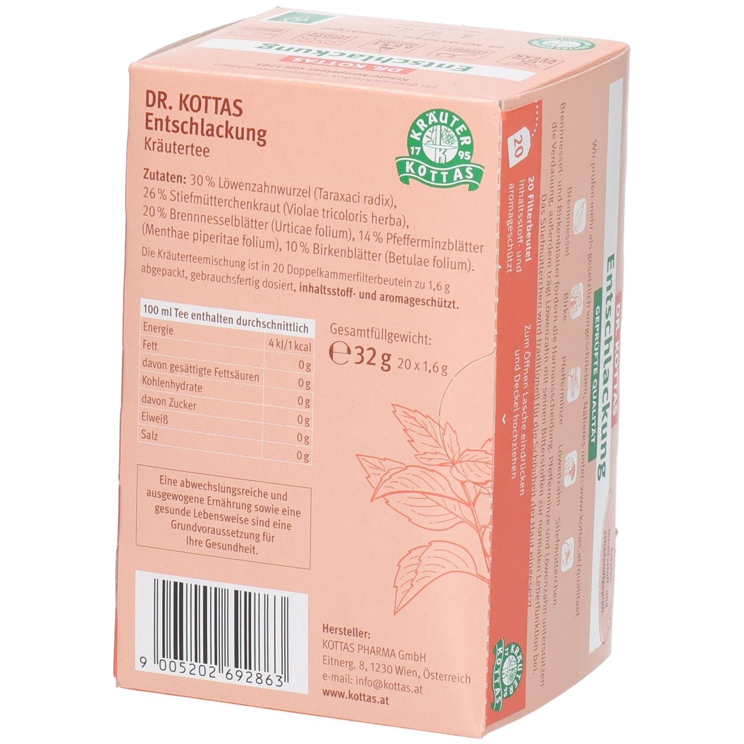 DR. KOTTAS Entschlackung Kräutertee Packung, Rückseite mit Nährwertangaben und Siegel.