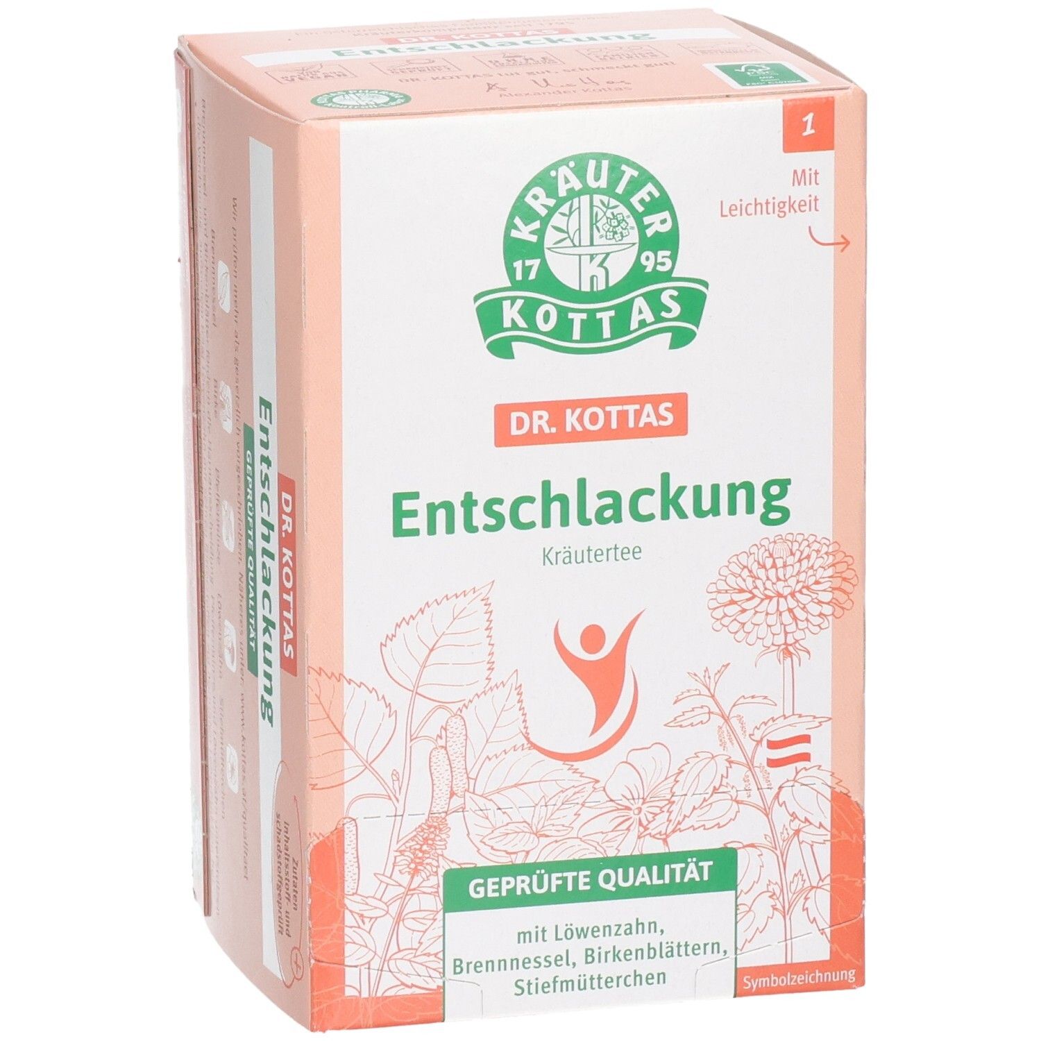 DR. KOTTAS Entschlackung Kräutertee Packung mit Kräutermotiv und Siegel.
