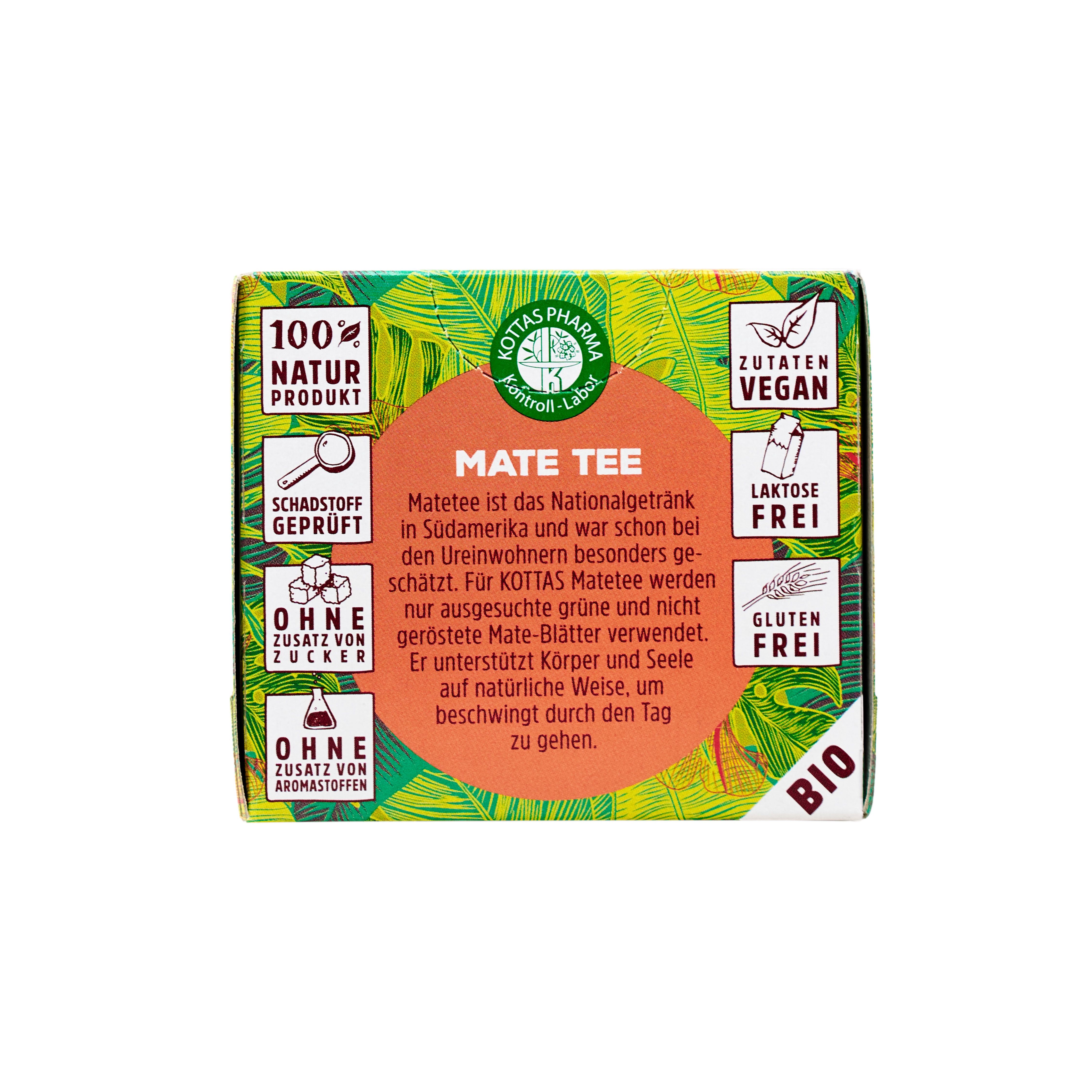 DR. KOTTAS MATE TEE Packung mit Siegeln für "100% Natur Produkt", "Schadstoff geprüft", "Zutaten Vegan", "Bio".