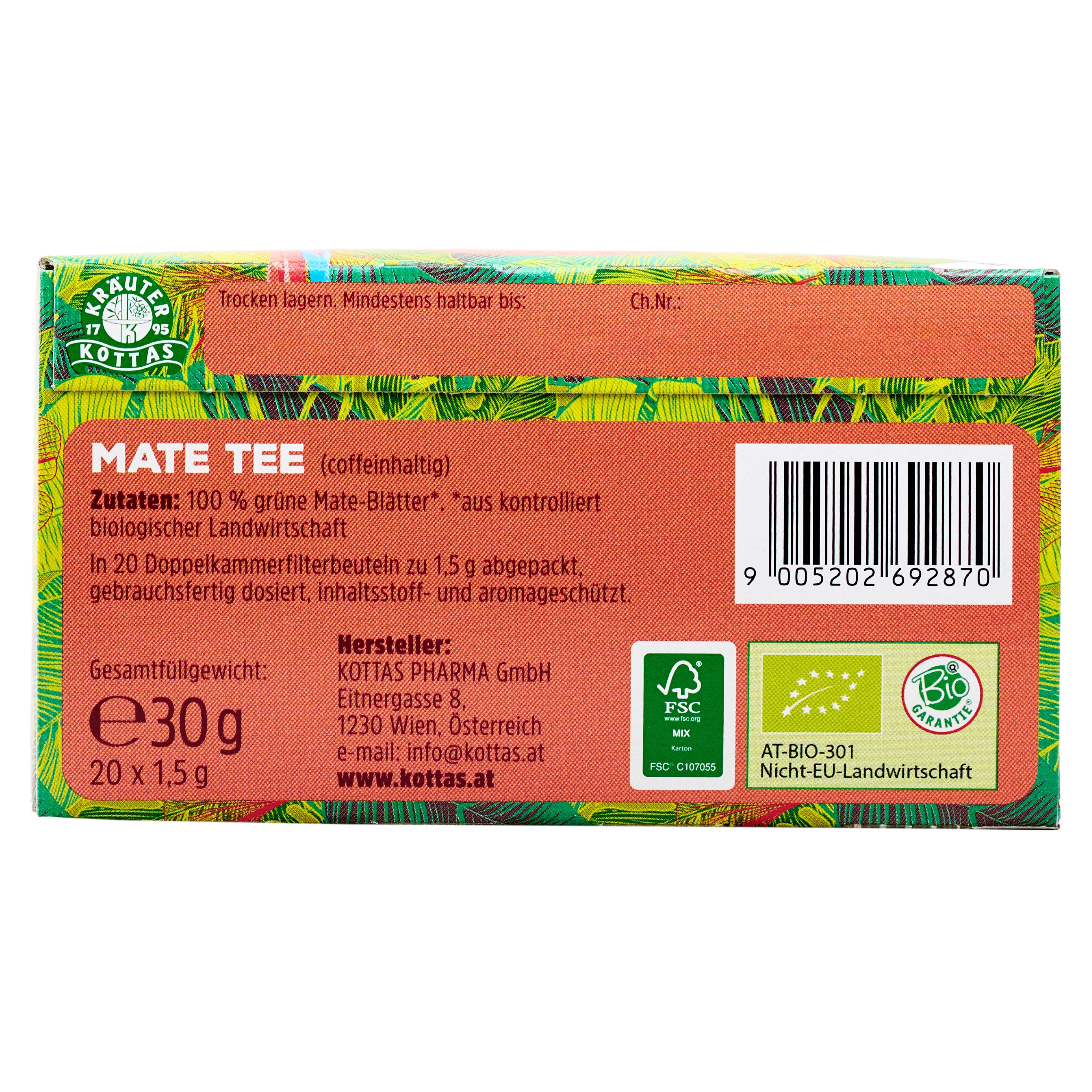 Packung Mate Tee, 30g, 20 Doppelkammerfilterbeutel.