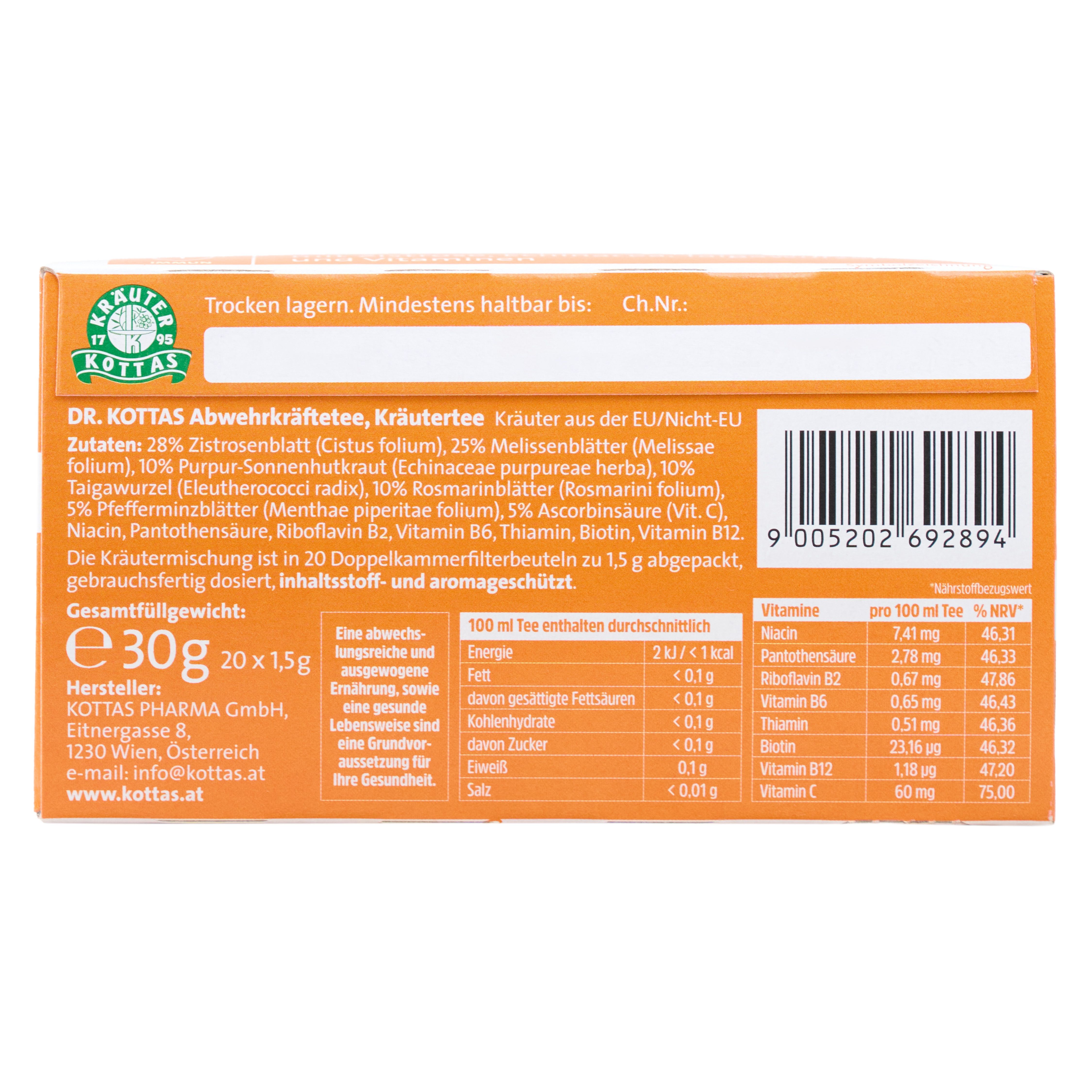 DR. KOTTAS Abwehrkräftetee Rückseite mit Zutaten, Nährwerten und Barcode.