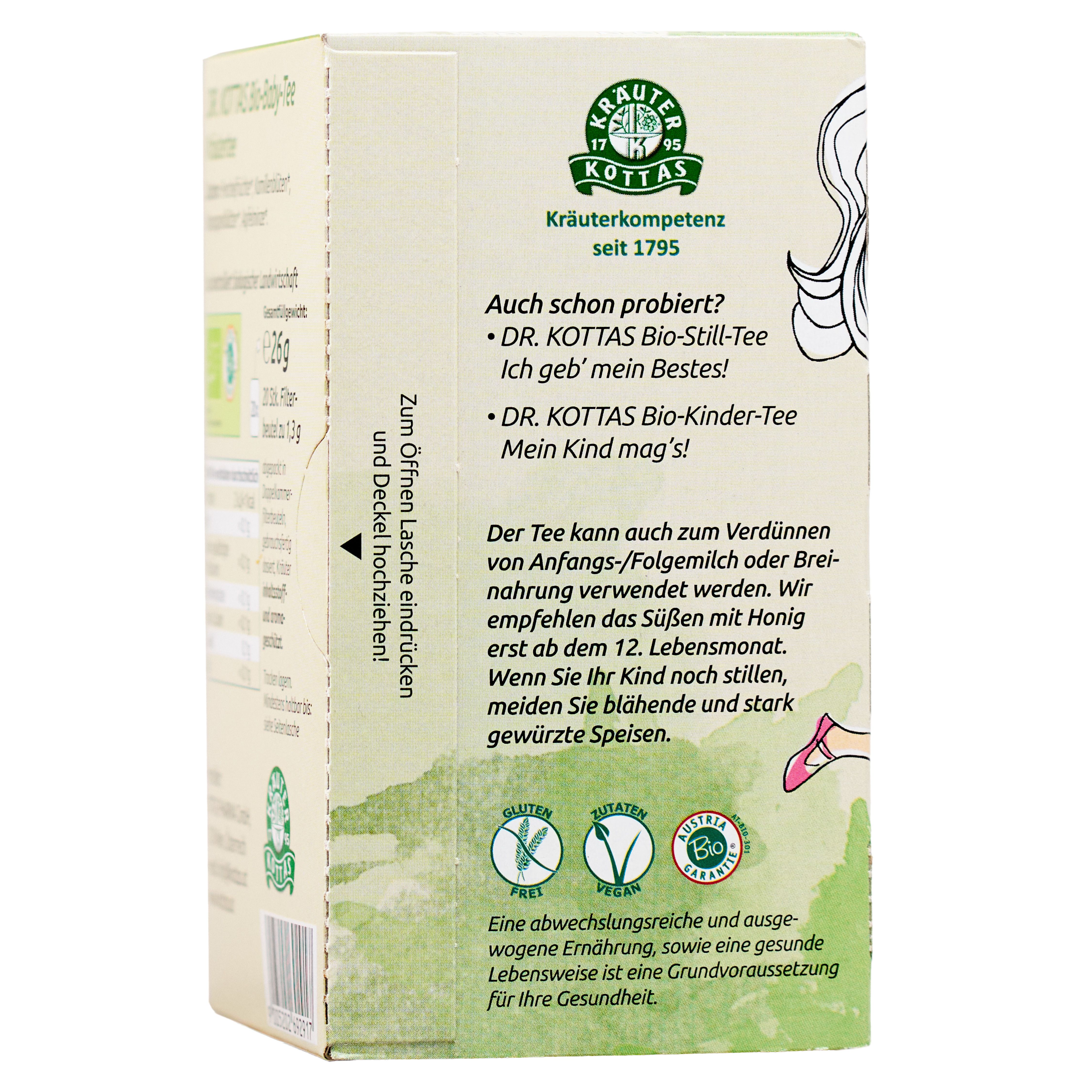 Rückseite der DR. KOTTAS Bio-Baby-Tee Verpackung mit Bio-Siegeln und Produktinformationen.