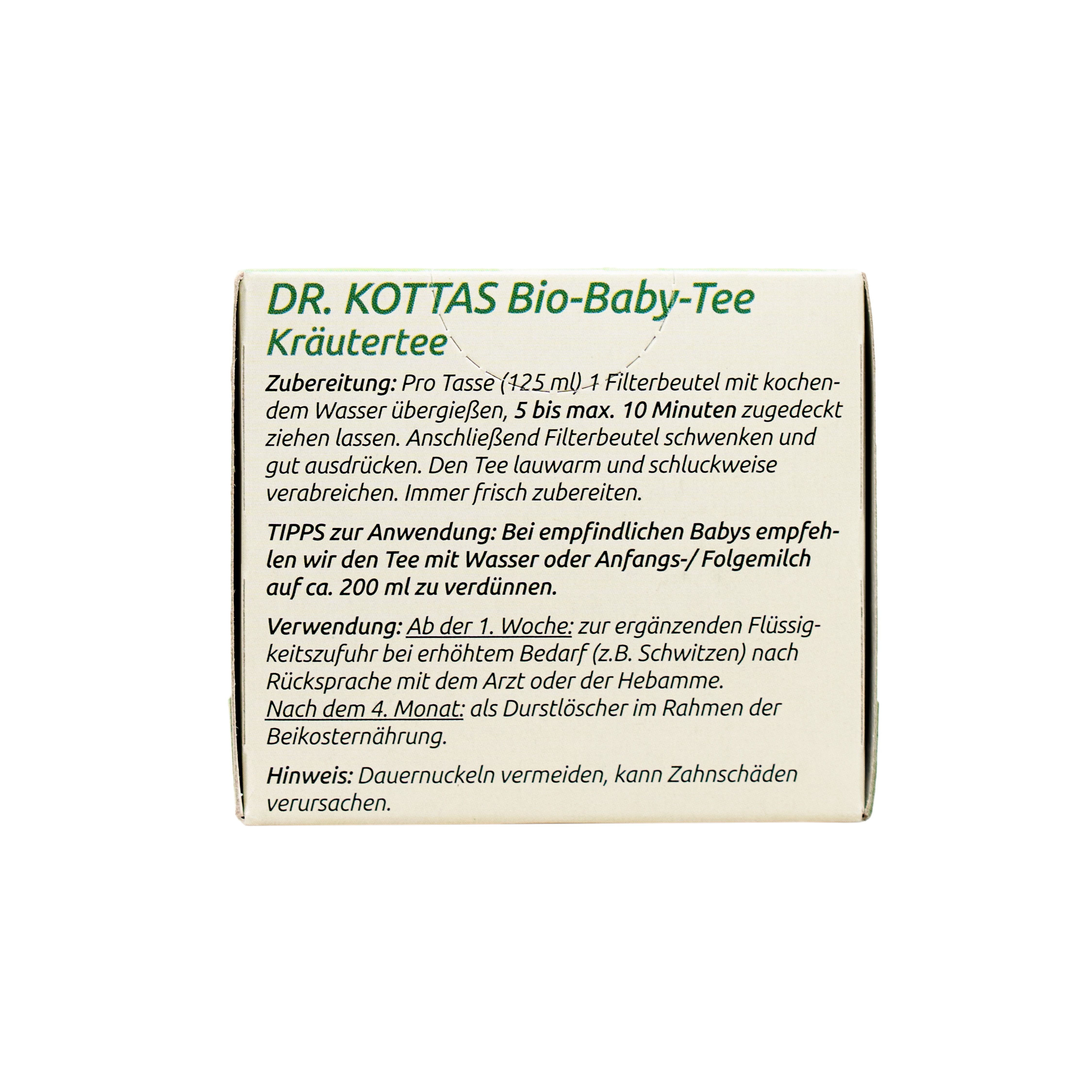 Seitenansicht der DR. KOTTAS Bio-Baby-Tee Verpackung mit Zubereitungshinweisen.