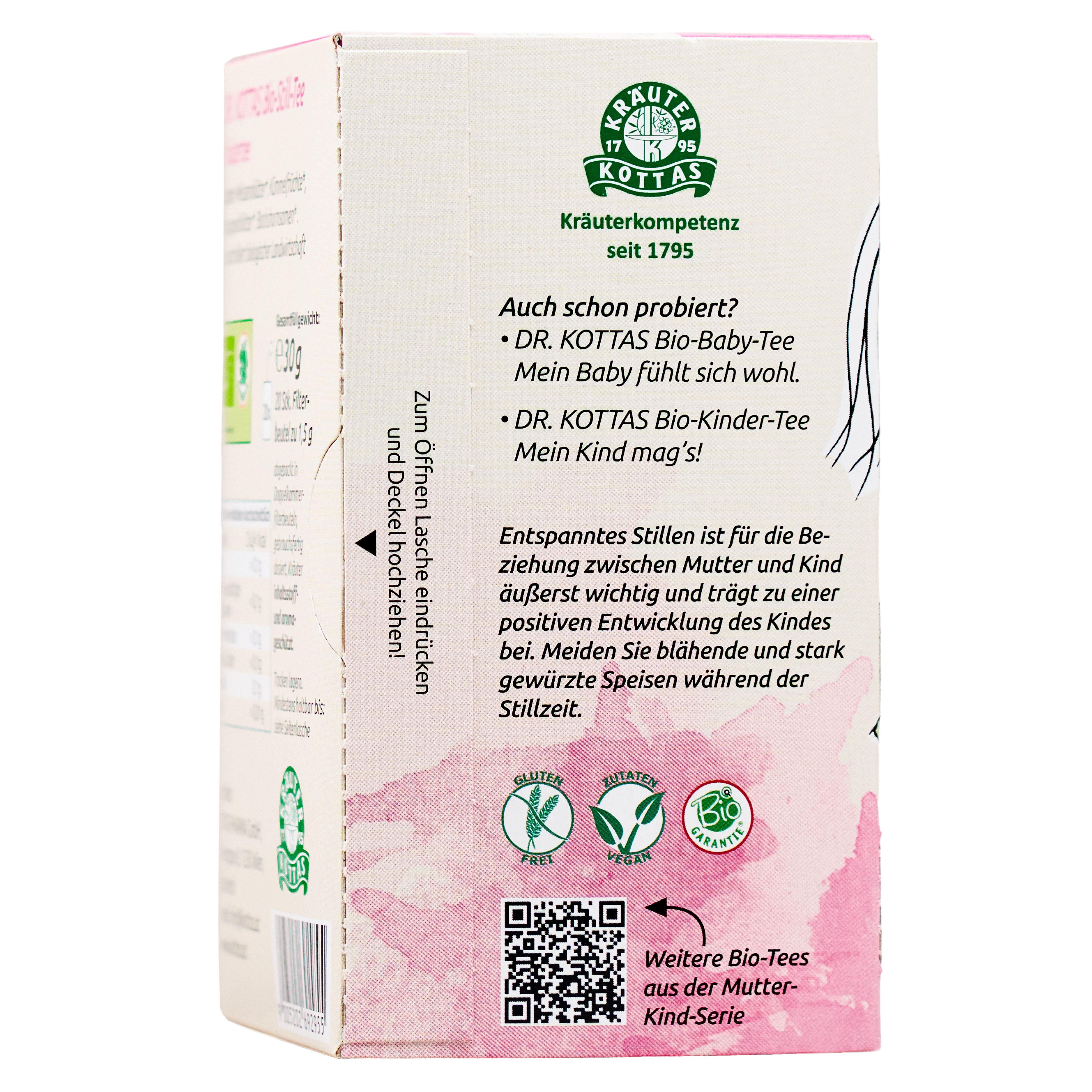 Rückseite der DR. KOTTAS Bio-Still-Tee Verpackung mit Siegeln (Glutenfrei, Laktosefrei, Bio) und QR-Code.