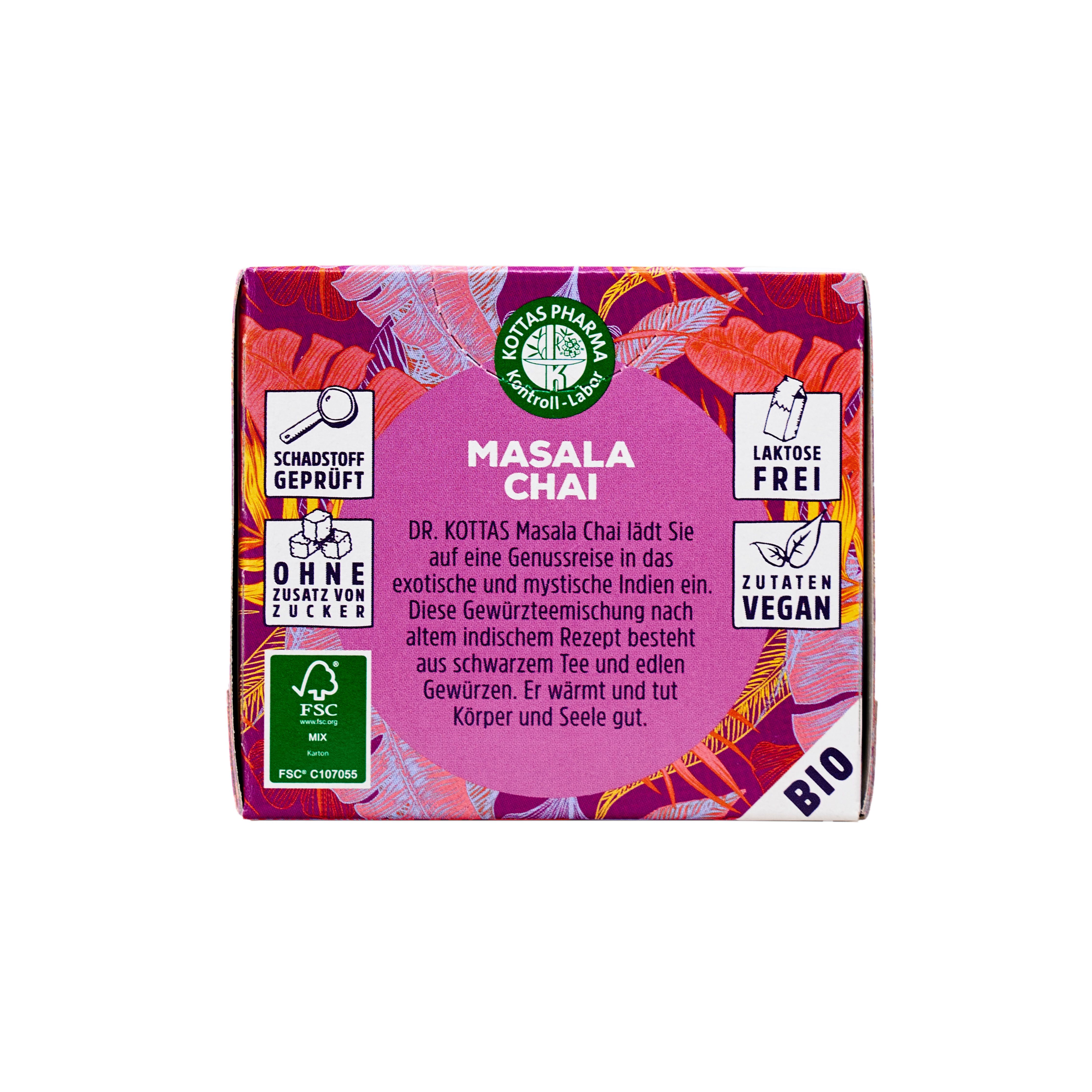 Dr. Kottas Masala Chai Gewürzmischung Verpackung mit Siegeln für Bio, Laktosefrei, Vegan und schadstoffgeprüft.