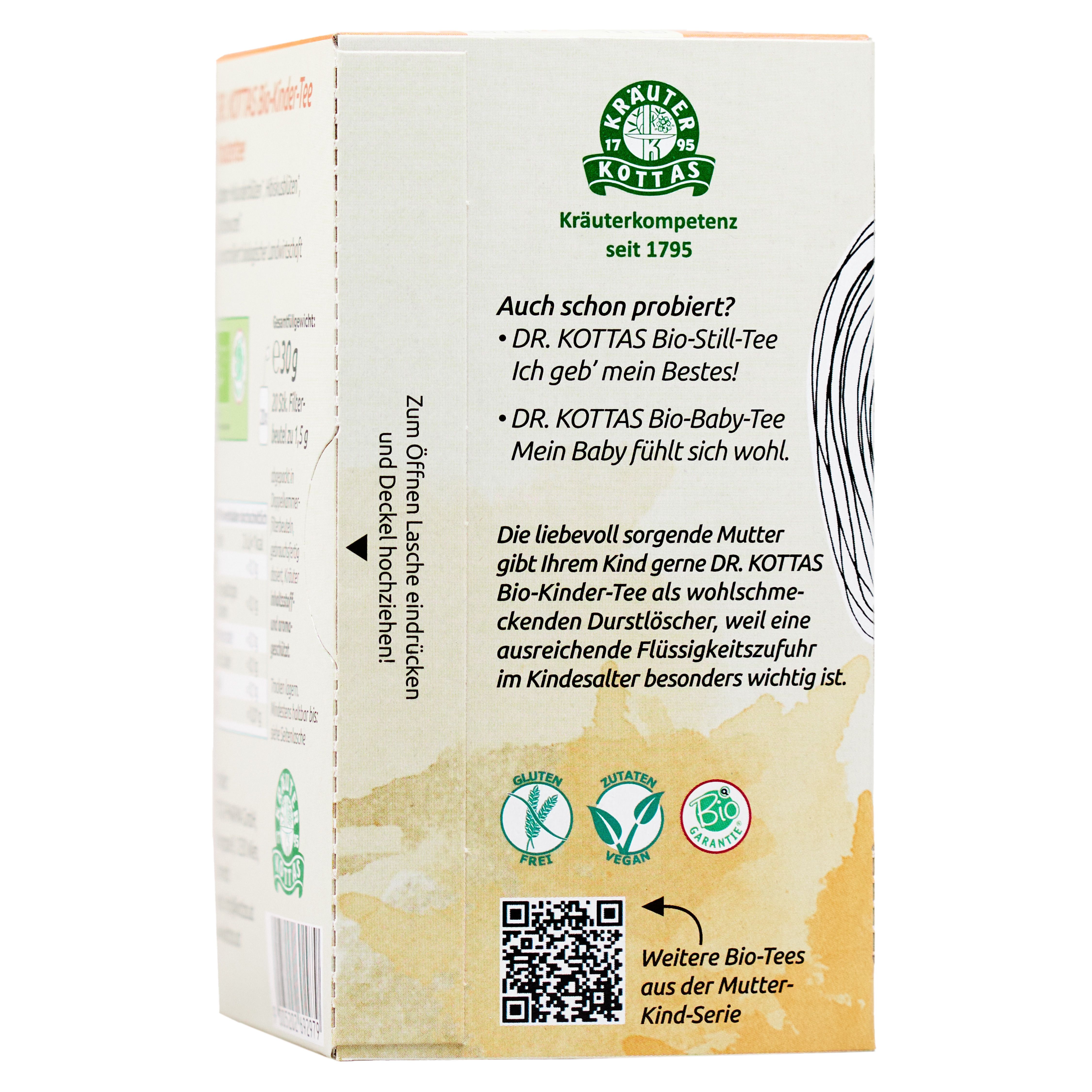 Seitenansicht der DR. KOTTAS Bio-Kinder-Tee Verpackung mit Siegeln und QR-Code.