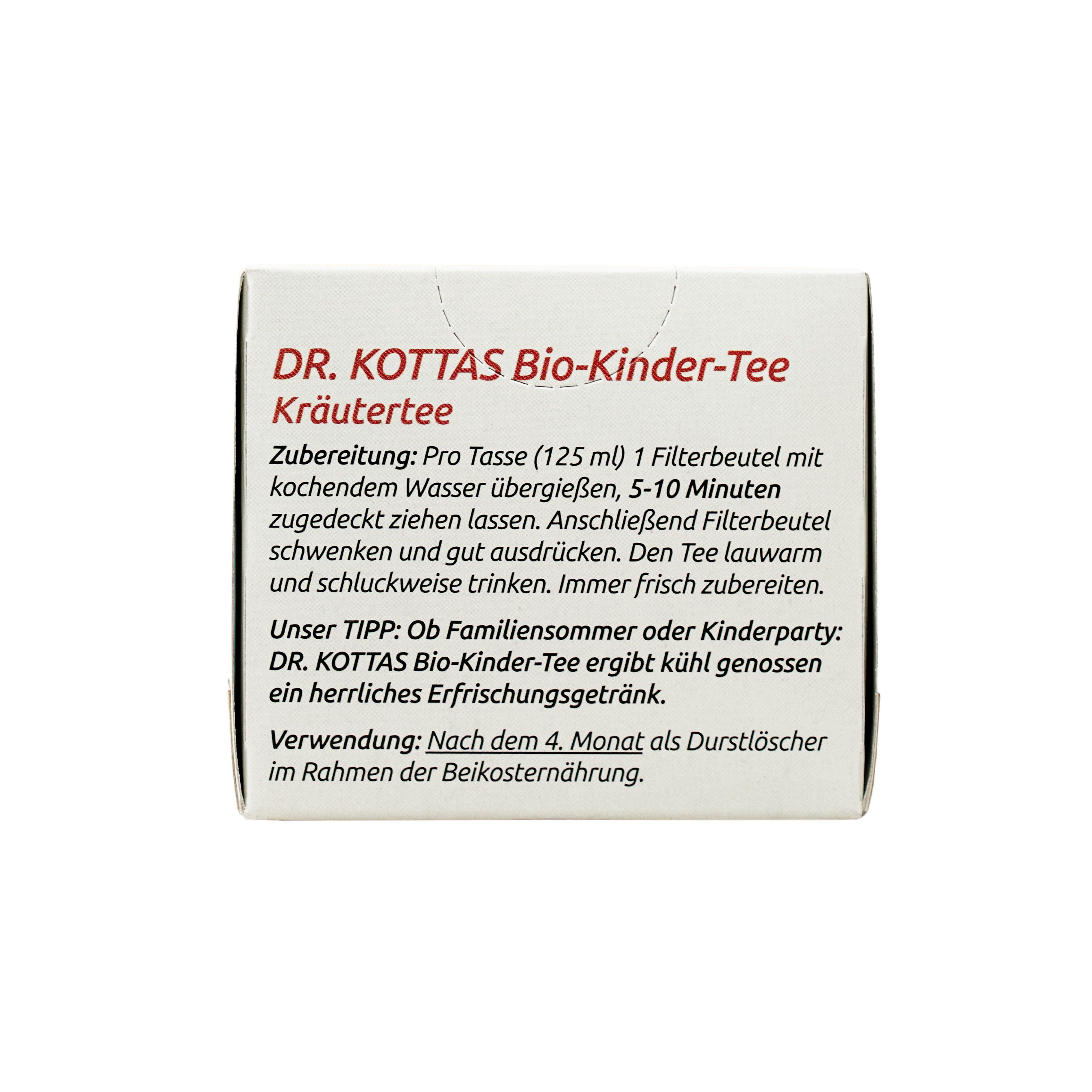 Rückseite der DR. KOTTAS Bio-Kinder-Tee Verpackung mit Zubereitungsanleitung und Anwendungshinweisen.