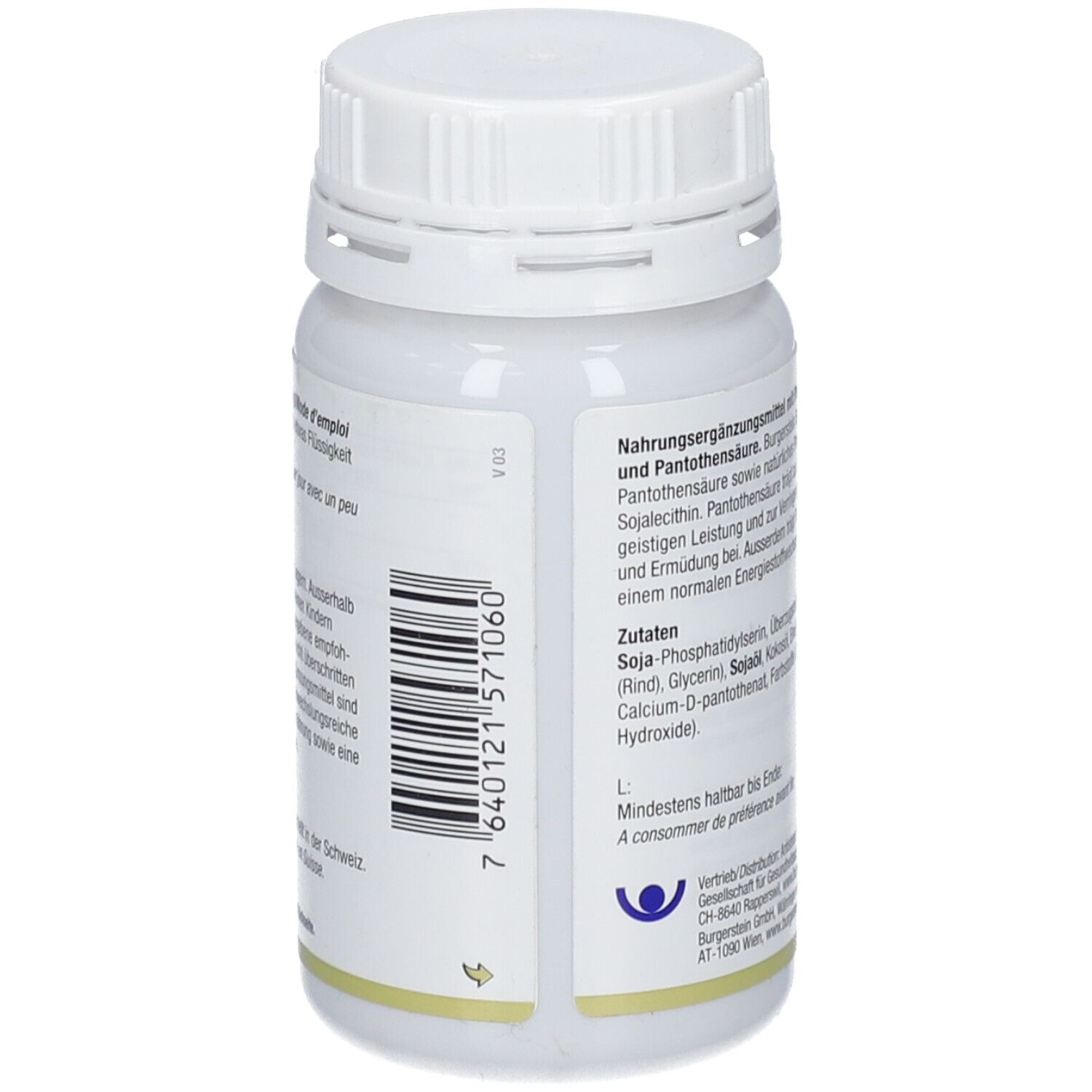 Rückseite der weißen Flasche. Text über Inhaltsstoffe und Hersteller. Barcode und Mindesthaltbarkeitsdatum.
