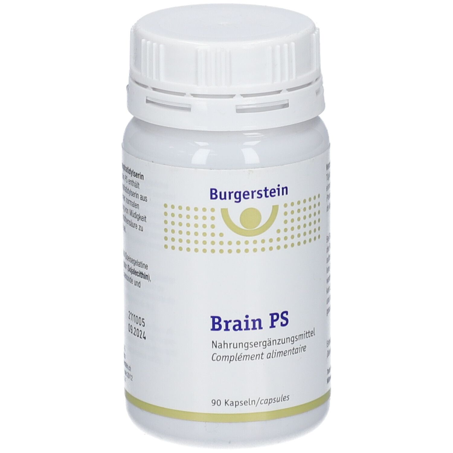 Weiße Flasche mit Schraubverschluss. Aufschrift: Burgerstein, Brain PS, Nahrungsergänzungsmittel. 90 Kapseln.