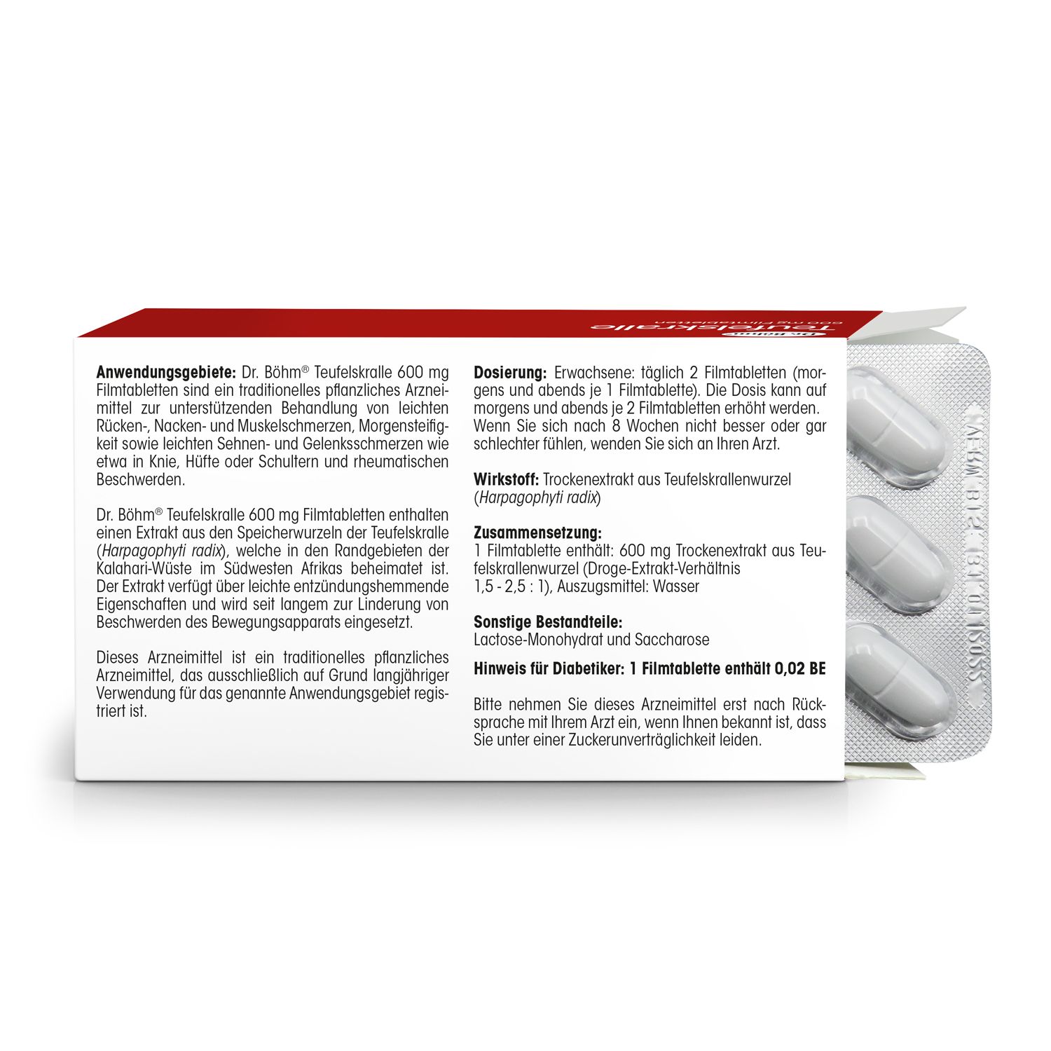 Blisterpackung mit Tabletten. Rückseite der Packung mit Anwendungs- und Dosierungsinformationen.