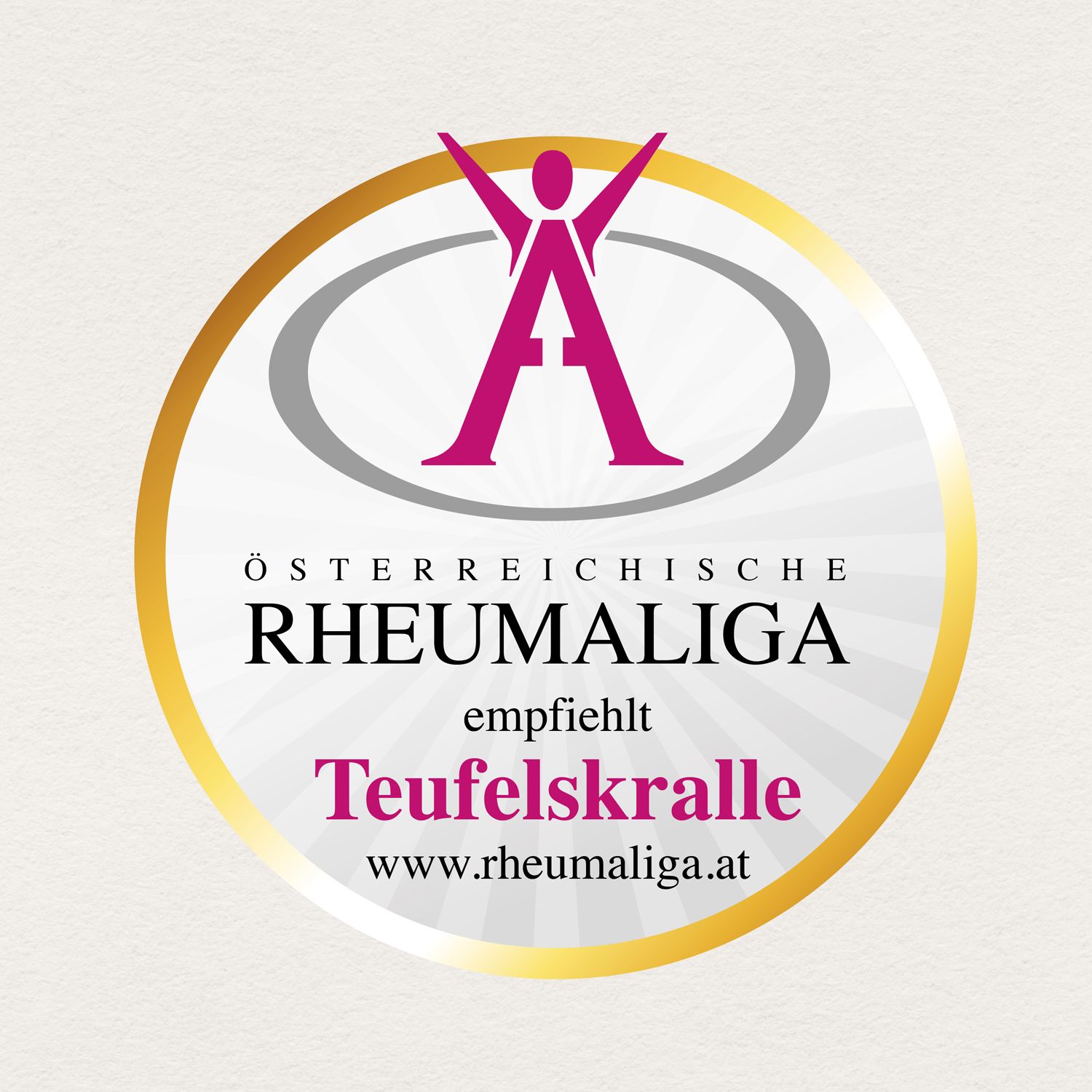 Rundes Logo: Österreichische Rheumaliga empfiehlt Teufelskralle. Website-Adresse.